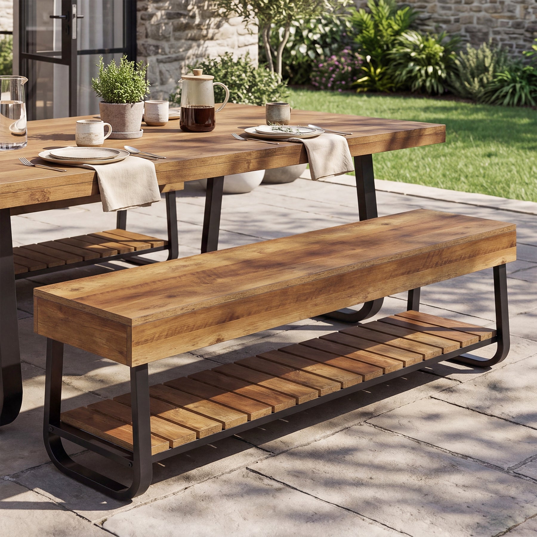 63" Dining Bench with Slatted Shelf, Indoor Kitchen Bench with Metal Frame