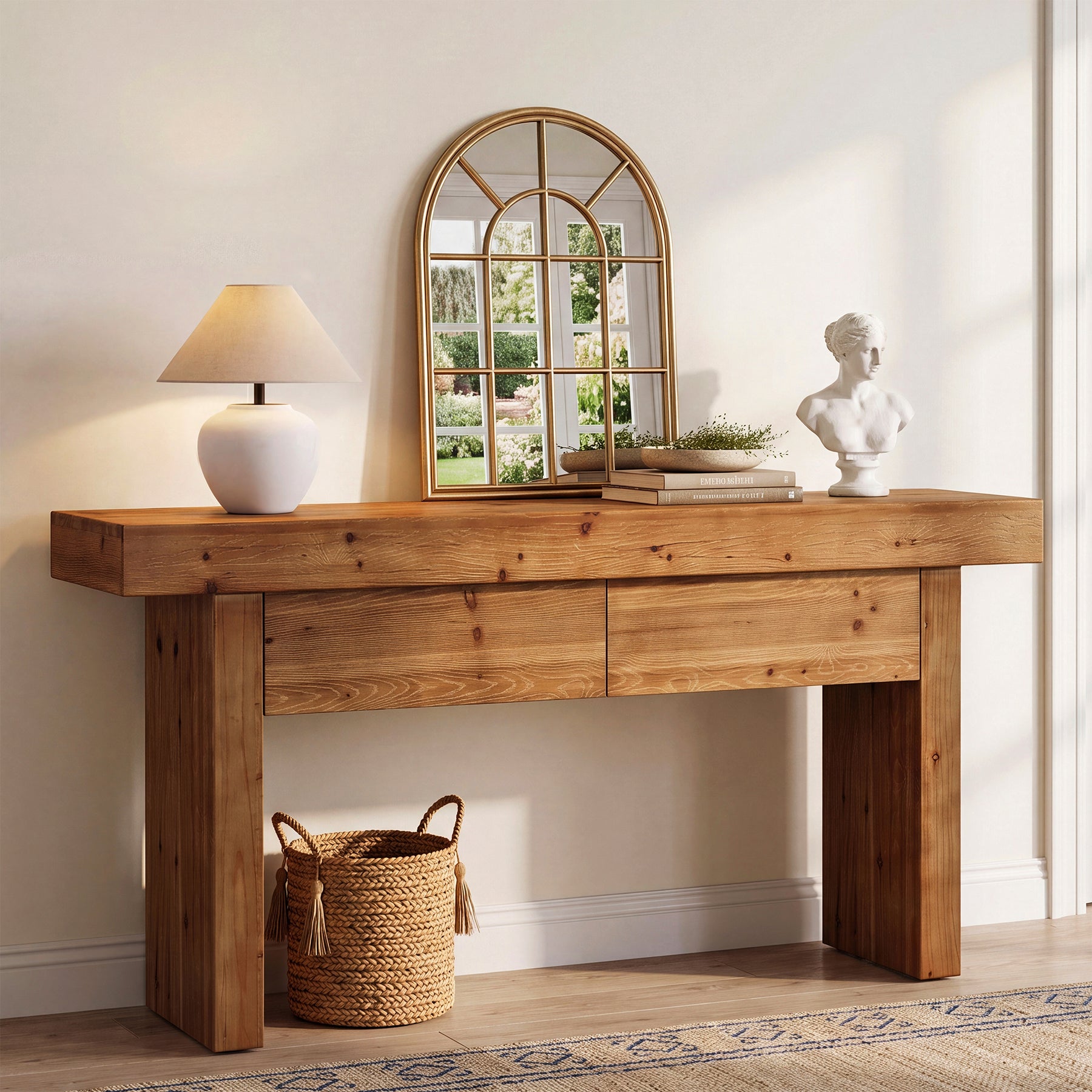 Solid Wood Console Table with 2 Drawers, 63" Farmhouse Entryway Sofa Table Behind Couch