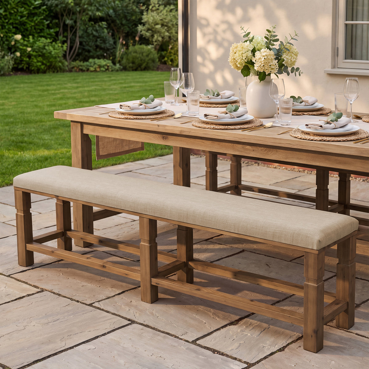 70.87" Upholstered Solid Wood Dining Bench with Linen Fabric Cushion