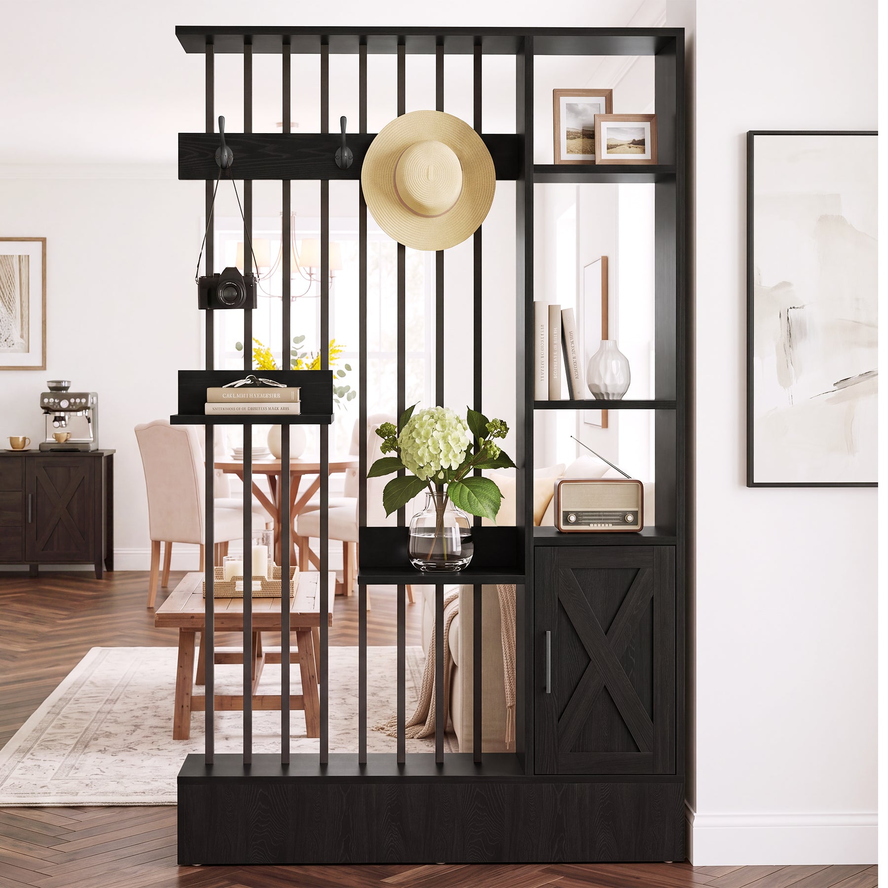 71" Wall Room Divider with Shelves, Freestanding Wall Partition with Storage Cabinet & Coat Hooks