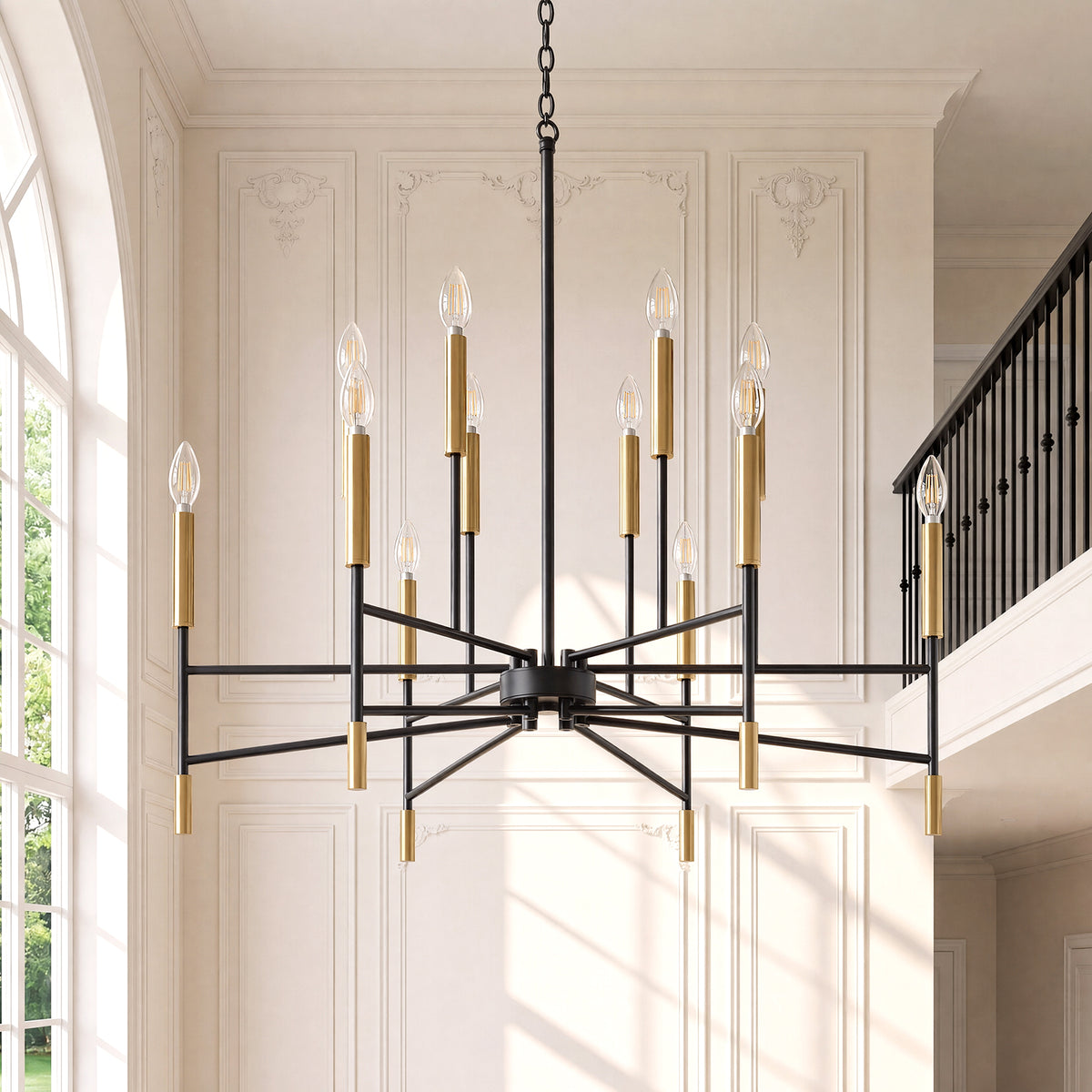 12-Light 32" Farmhouse Chandelier, Black and Gold Candle Ceiling Light