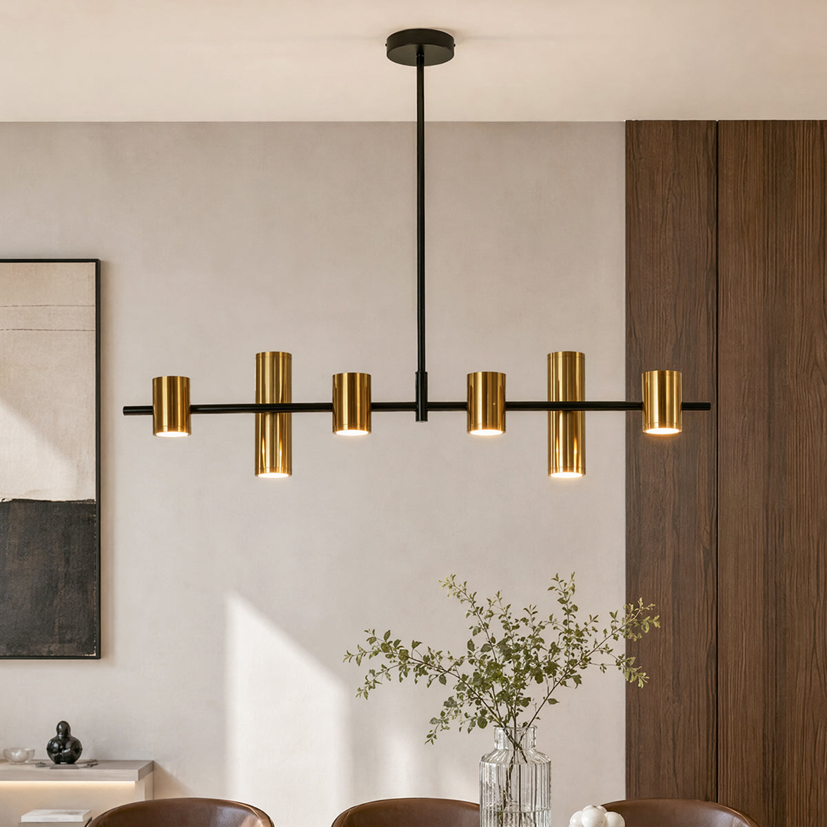 Tribesigns 6-Light Modern Black Gold Linear Chandelier, LED Pendant Light