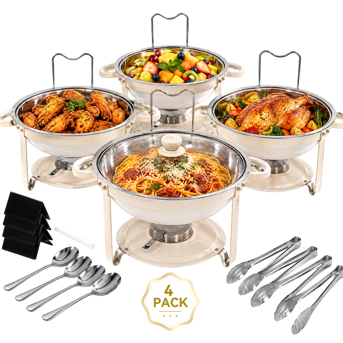4-Pack Chafing Dishes for Buffet Set, 6QT Round Stainless Steel Food C ...
