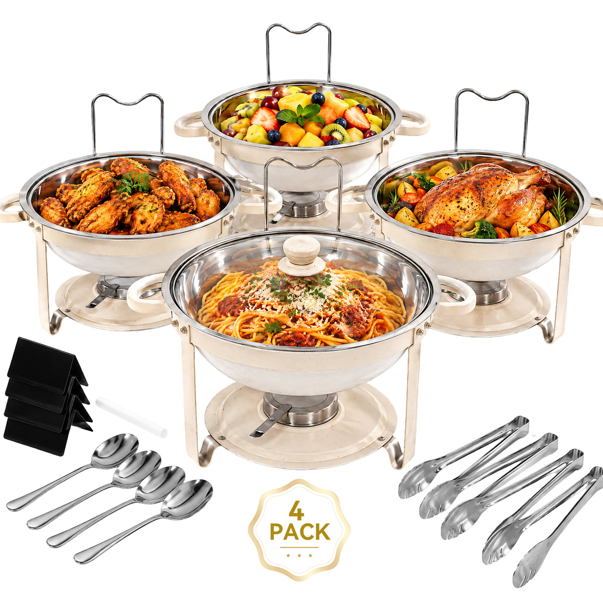 4-Pack Chafing Dishes for Buffet Set, 6QT Round Stainless Steel Food Chafing Dishes