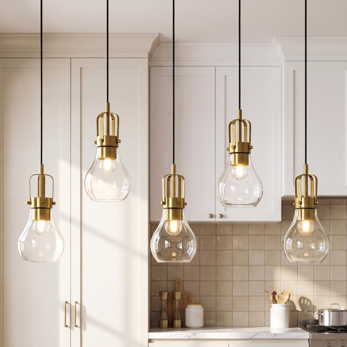 Modern Gold Pendant Light, Industrial Metal Cage Hanging Light with Clear Glass Shade