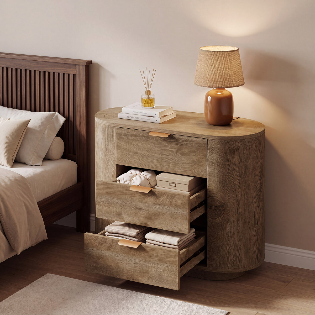 35" Oversized Nightstand with 3 Drawers, Modern Oak Finish Bedside Table