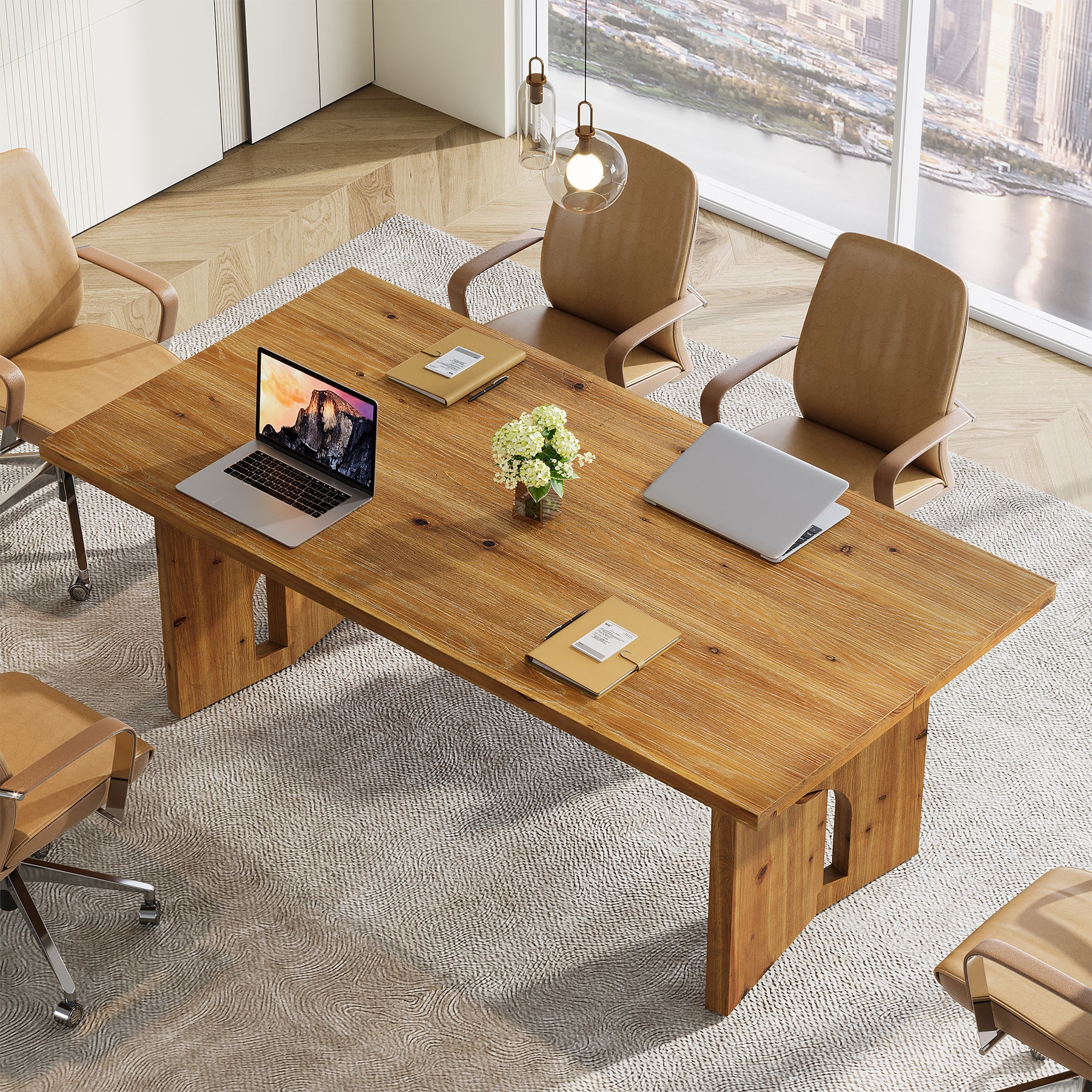 5.25FT Solid Wood Conference Table for 4-6 Users, 63" Executive Desk with Cutout Bases
