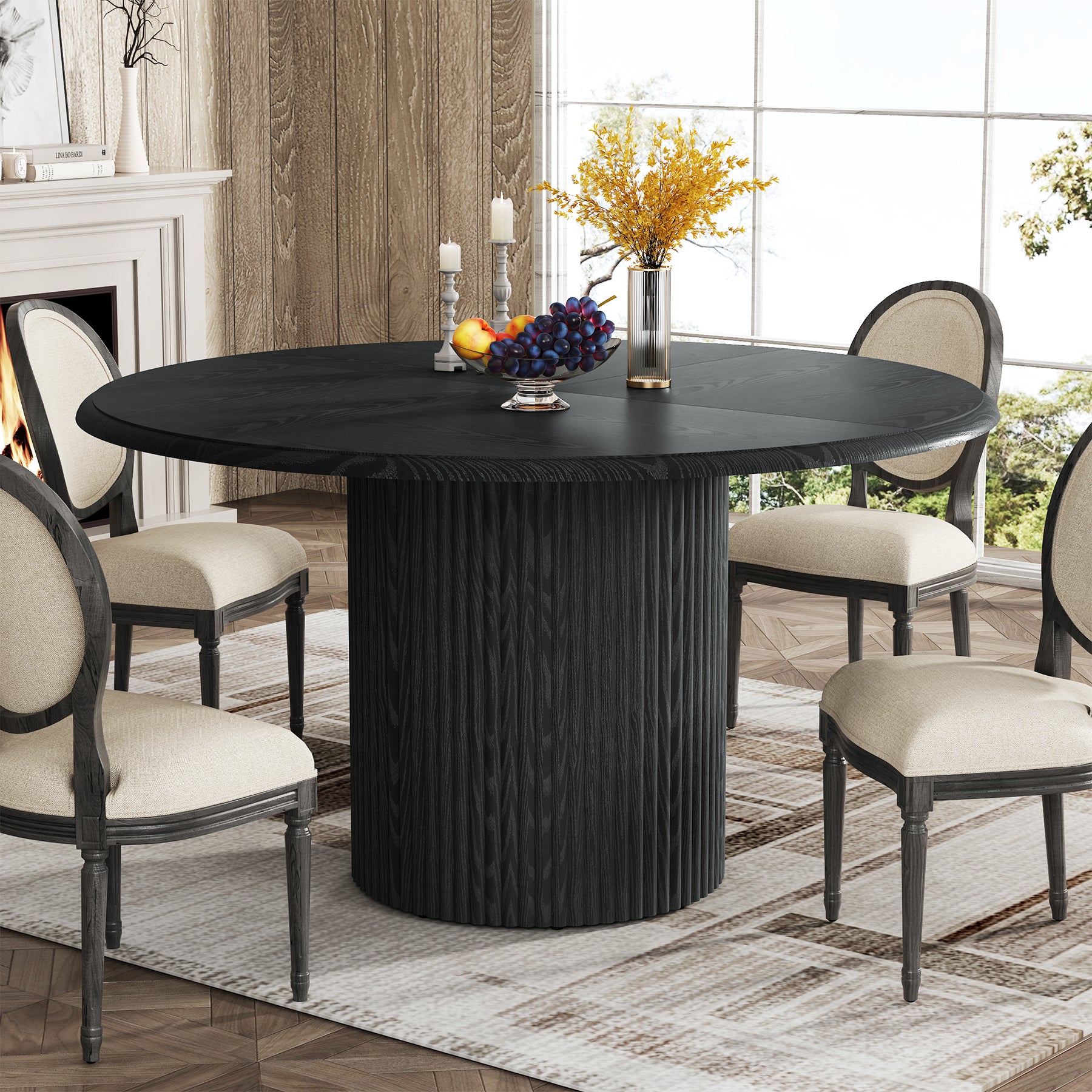 Round Dining Table, 47.24" Farmhouse Kitchen Table with Metal Base for 4