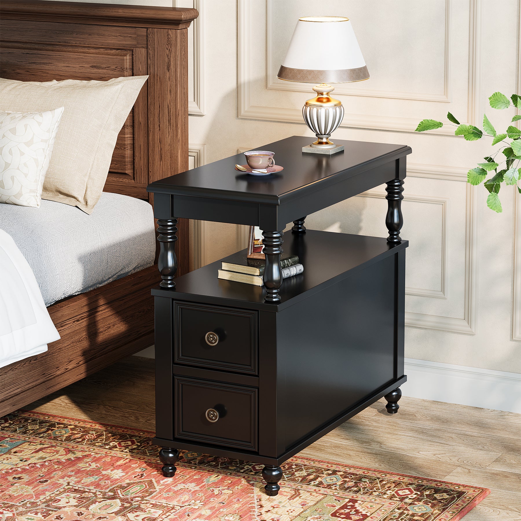 Solid Wood Nightstand with 2 Drawers, Bedside Table with Open Shelf
