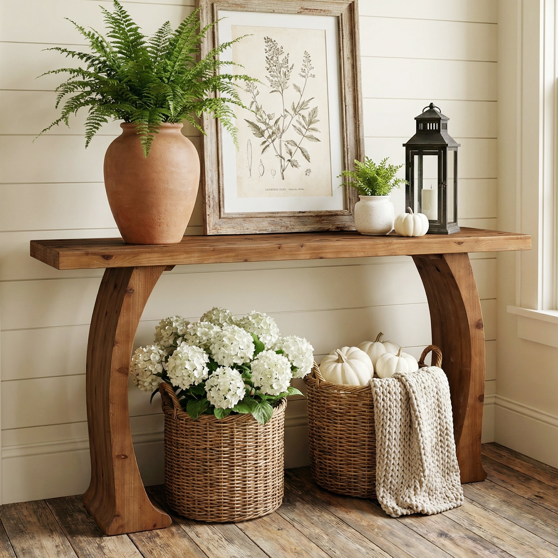 63" Farmhouse Console Table, Rustic Entryway Table with Curved Legs