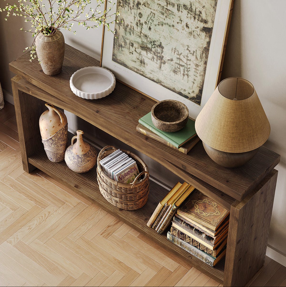 63" Solid Wood Console Table with Storage Shelf, Farmhouse Entryway & Sofa Table for Hallway or Behind Couch