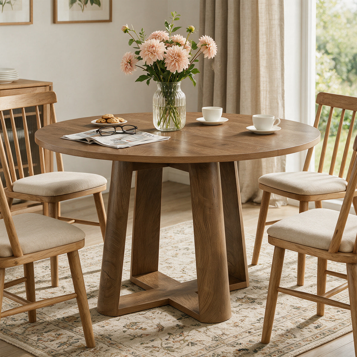 47" Round Dining Table for 4-6 People, Farmhouse Kitchen Table with Cross Pedestal Base