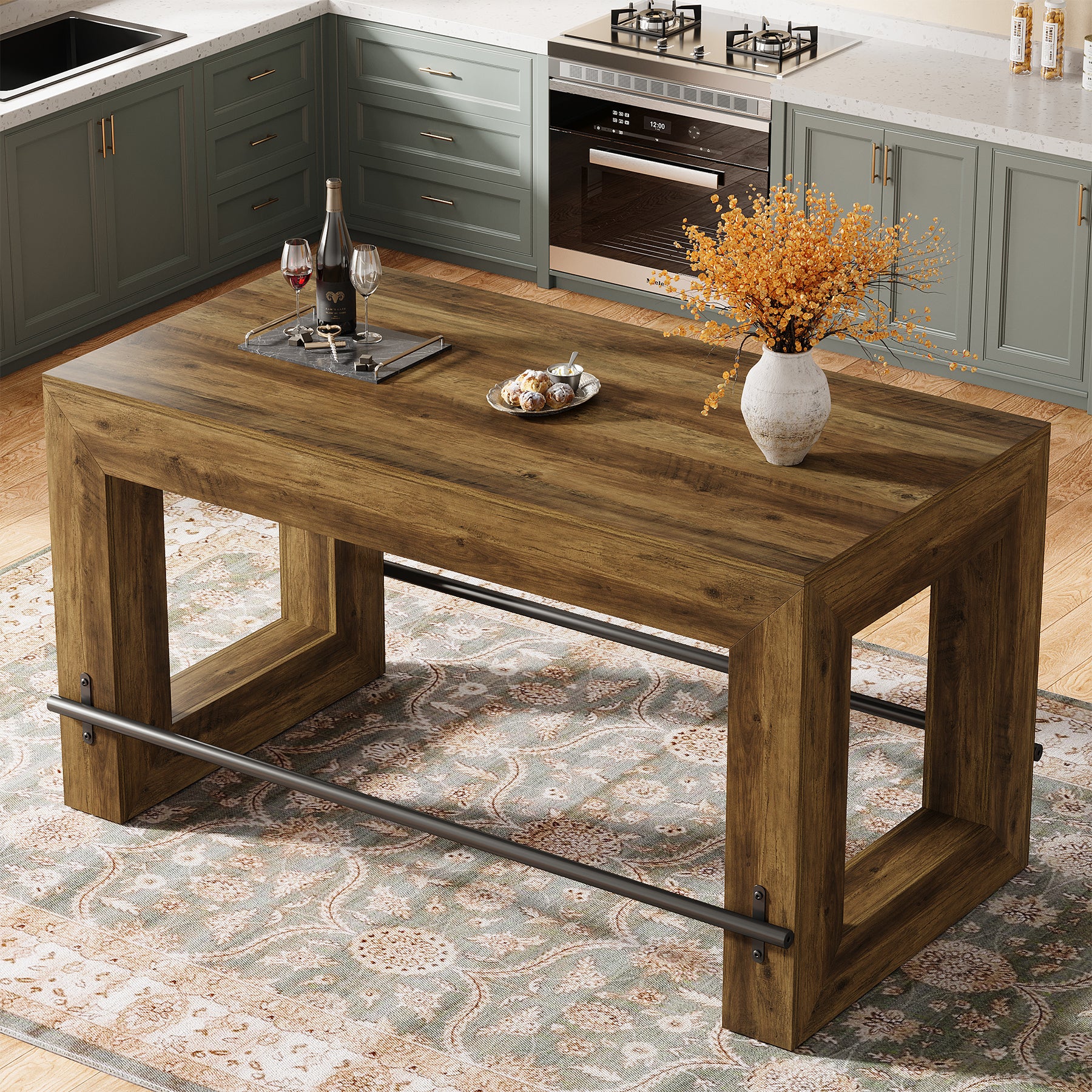 Counter Height Bar Table, 59" Pub Table With Metal Footrest For Dining Room