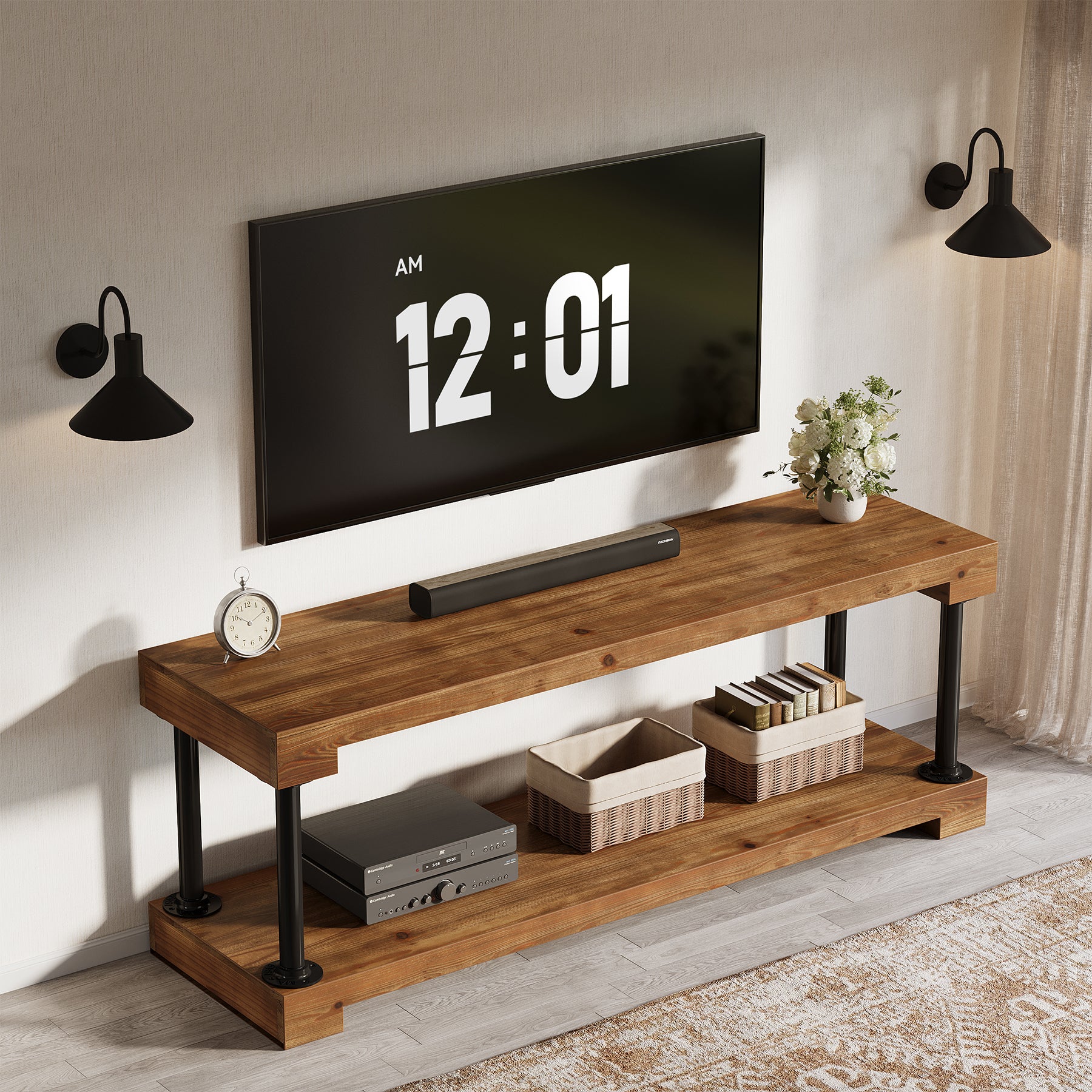 Tribesigns 63-Inch Solid Wood TV Stand, Vintage Media Console Table with Storage