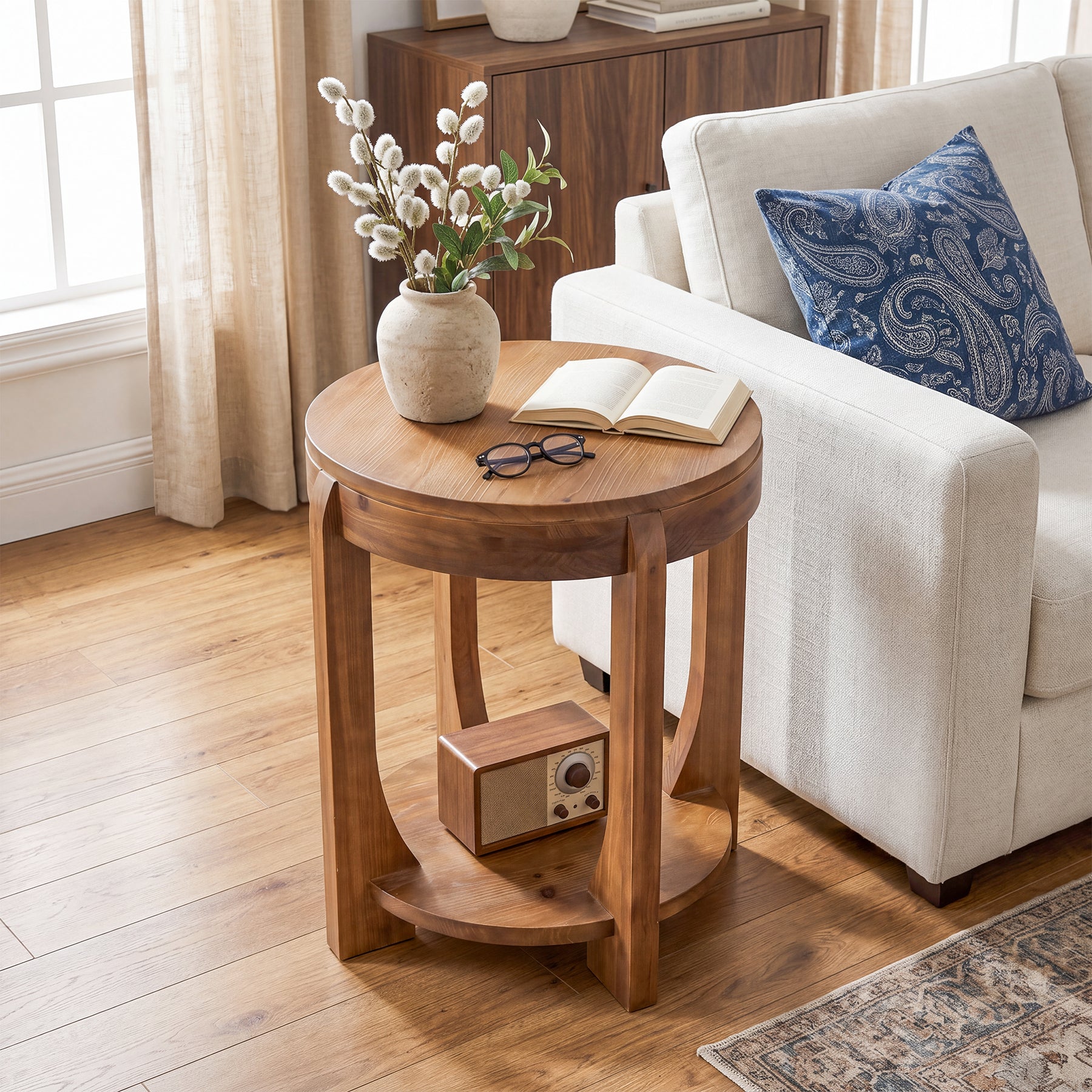 Solid Wood End Table, 2-Tier Round Side Table with Storage Shelf for Living Room, Bedroom