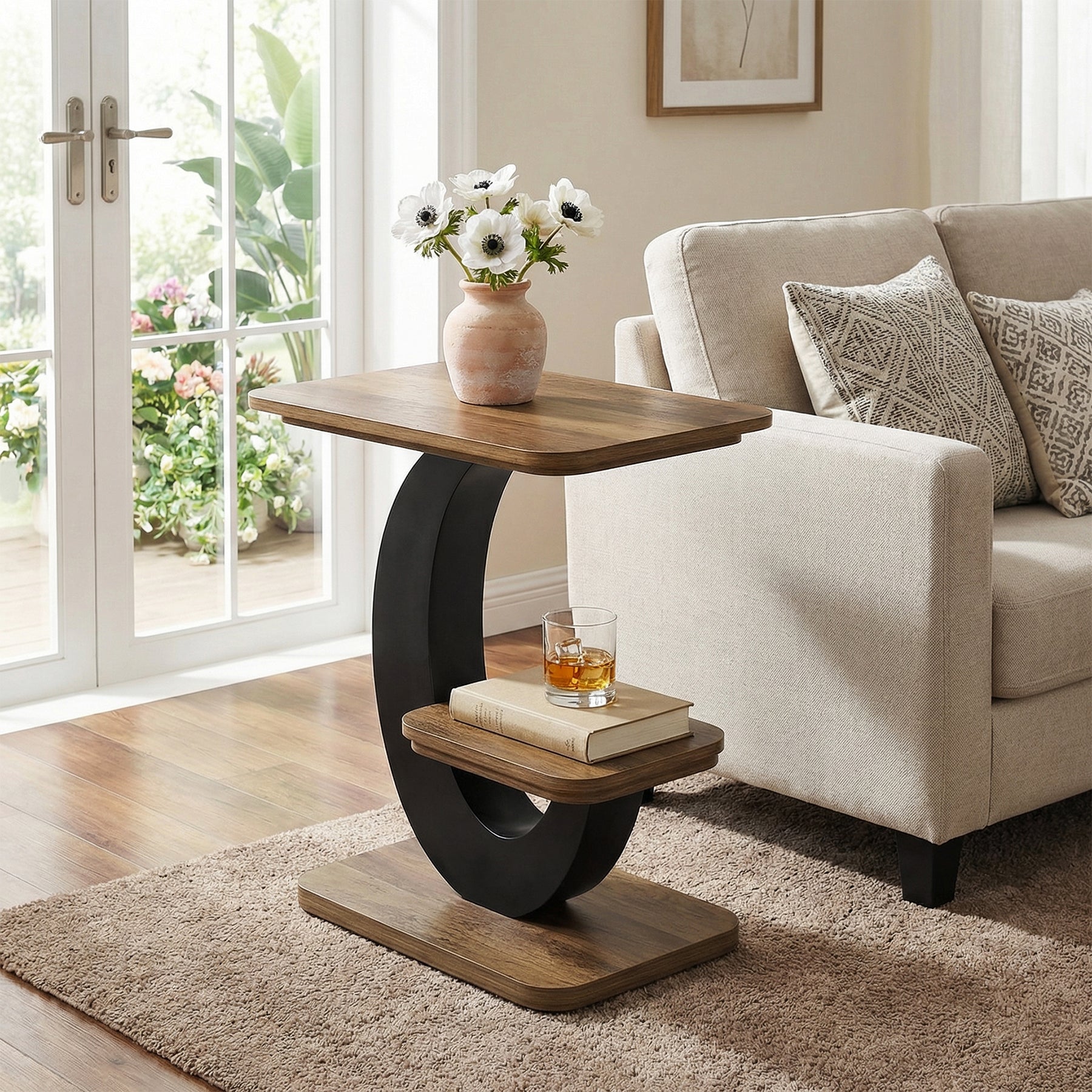 2-Tier End Table, Narrow Side Table with Metal Arc-Shaped Frame