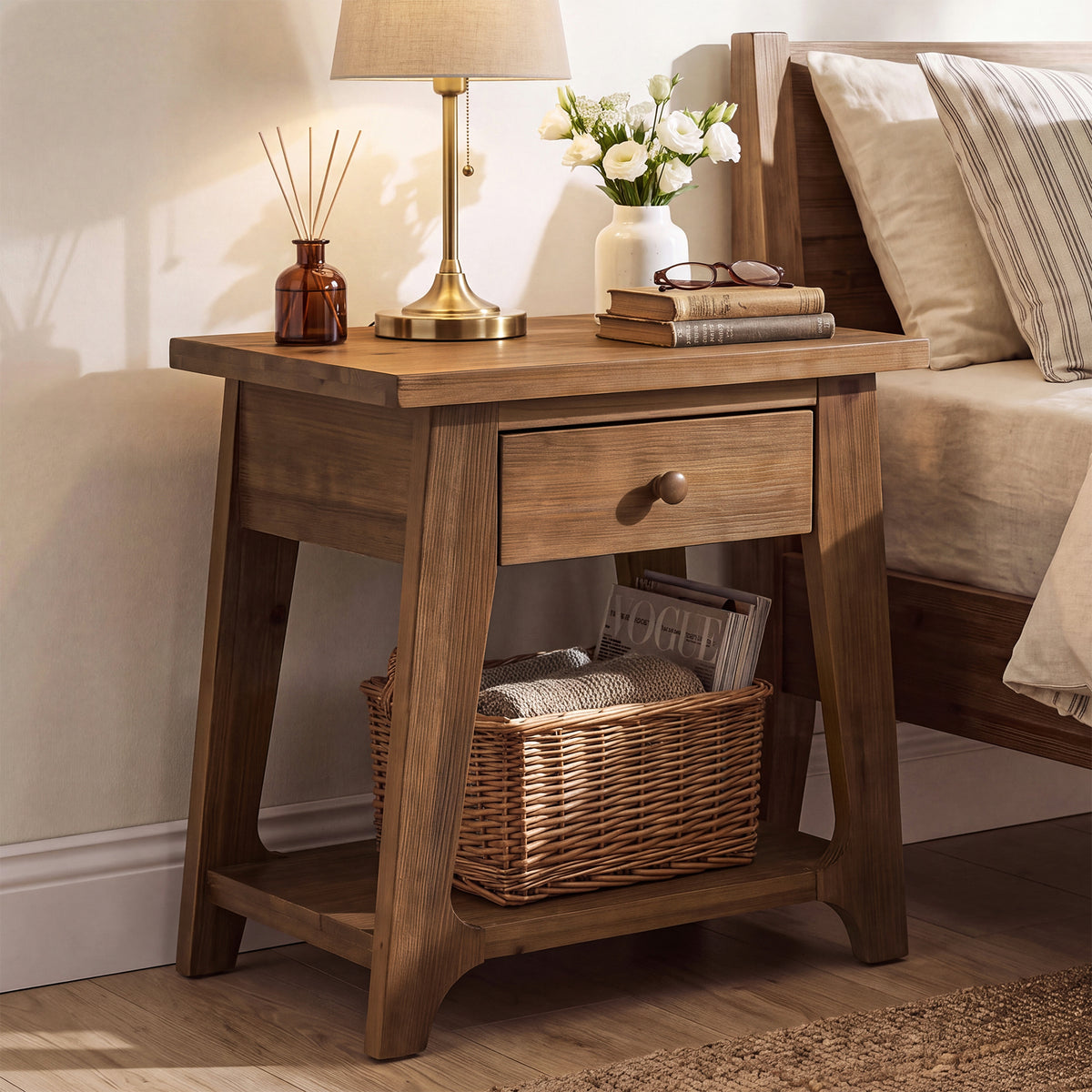 Solid Wood Nightstand, Farmhouse Bedside Table with Drawer & Open Shelf