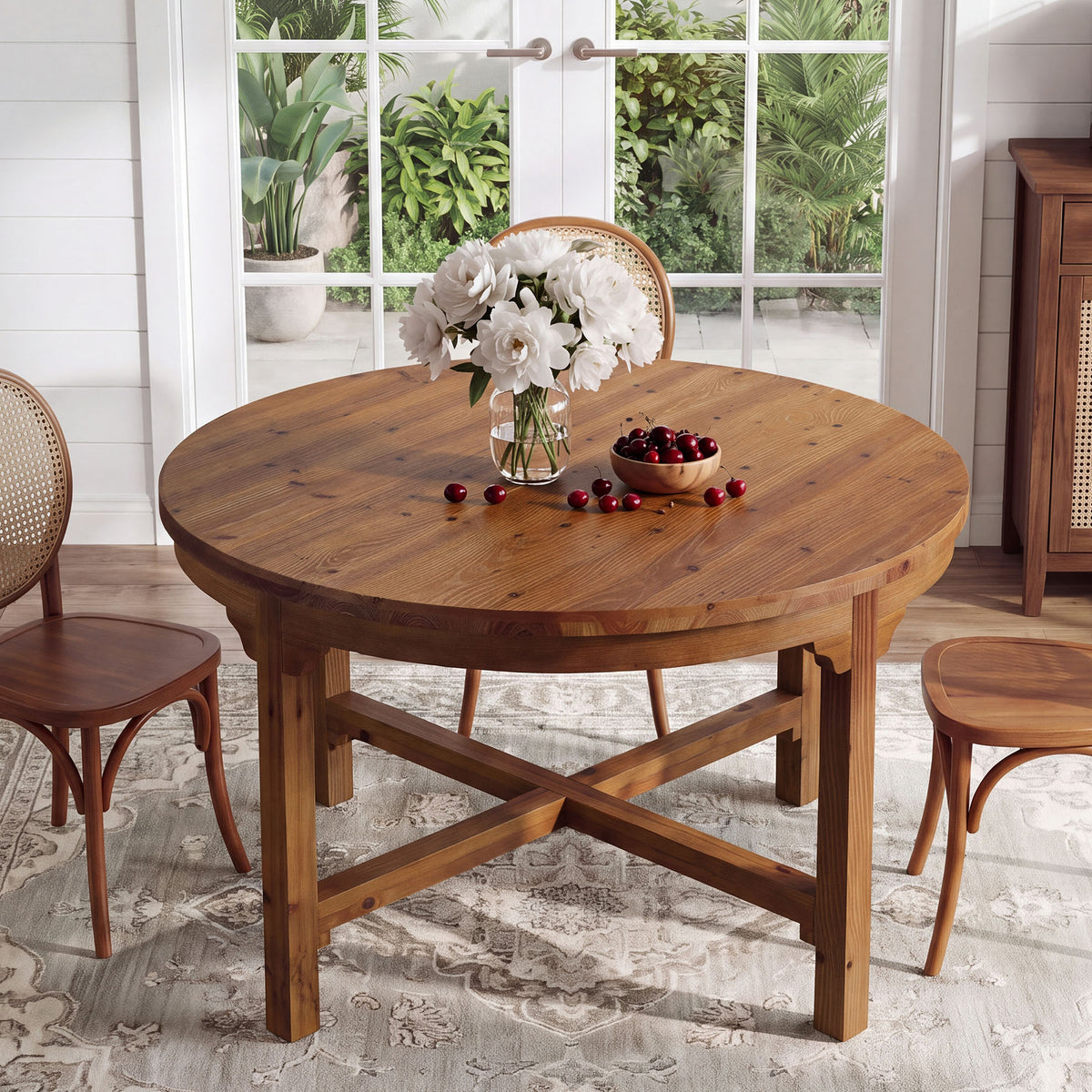 Solid Wood Round Dining Table, 47" Farmhouse Kitchen Table with Cross Base for 4