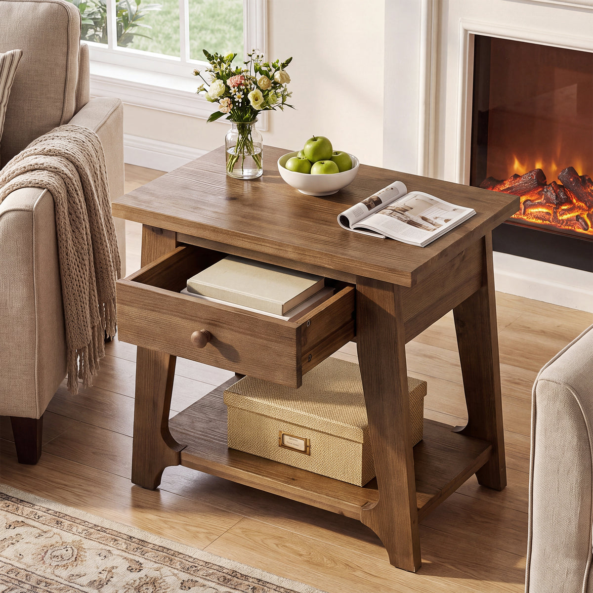 Solid Wood End Table, Narrow Side Table with Drawer & Open Shelf for Small Spaces