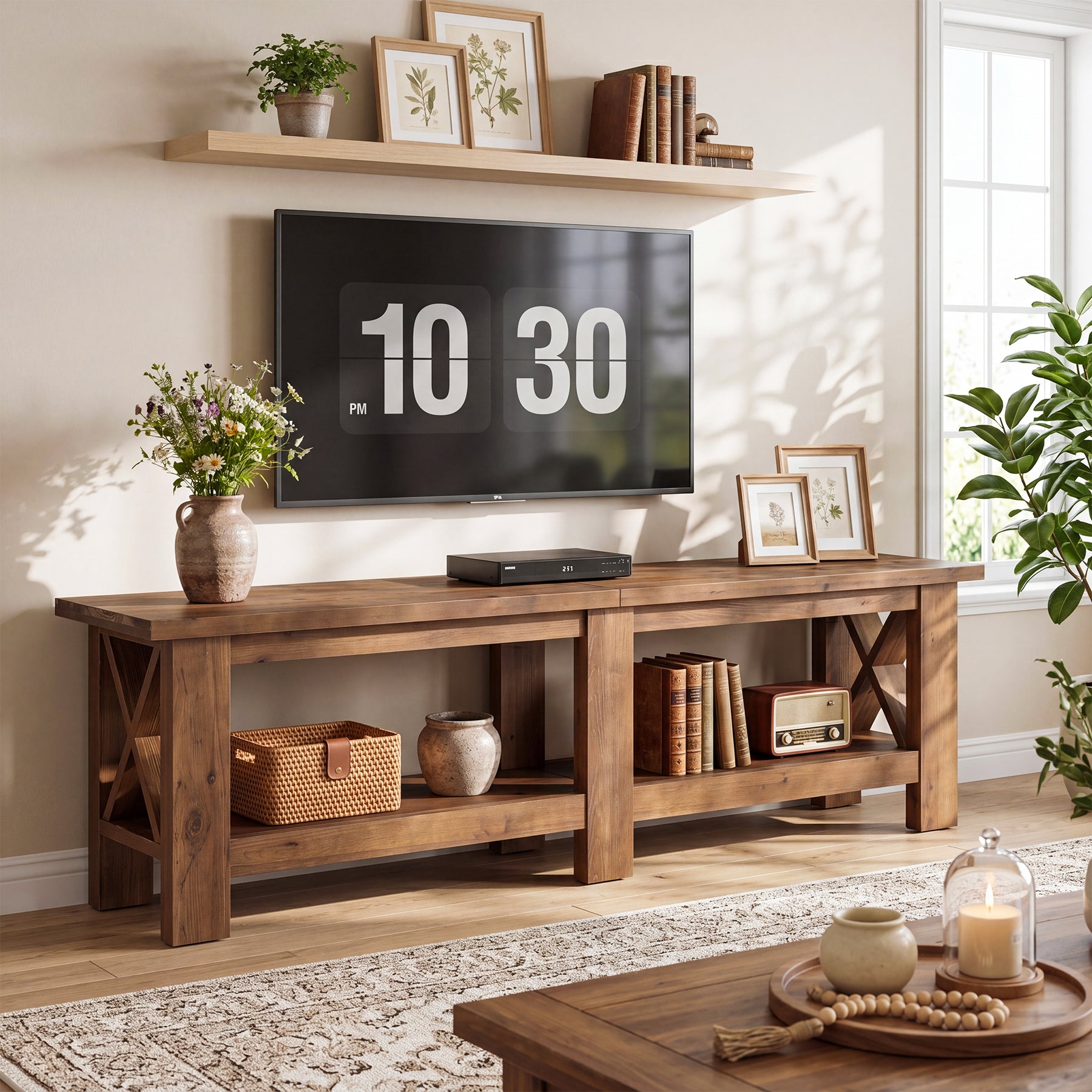 70.87" Solid Wood TV Stand for TVs up to 80", Farmhouse Entertainment Center with Storage Shelves