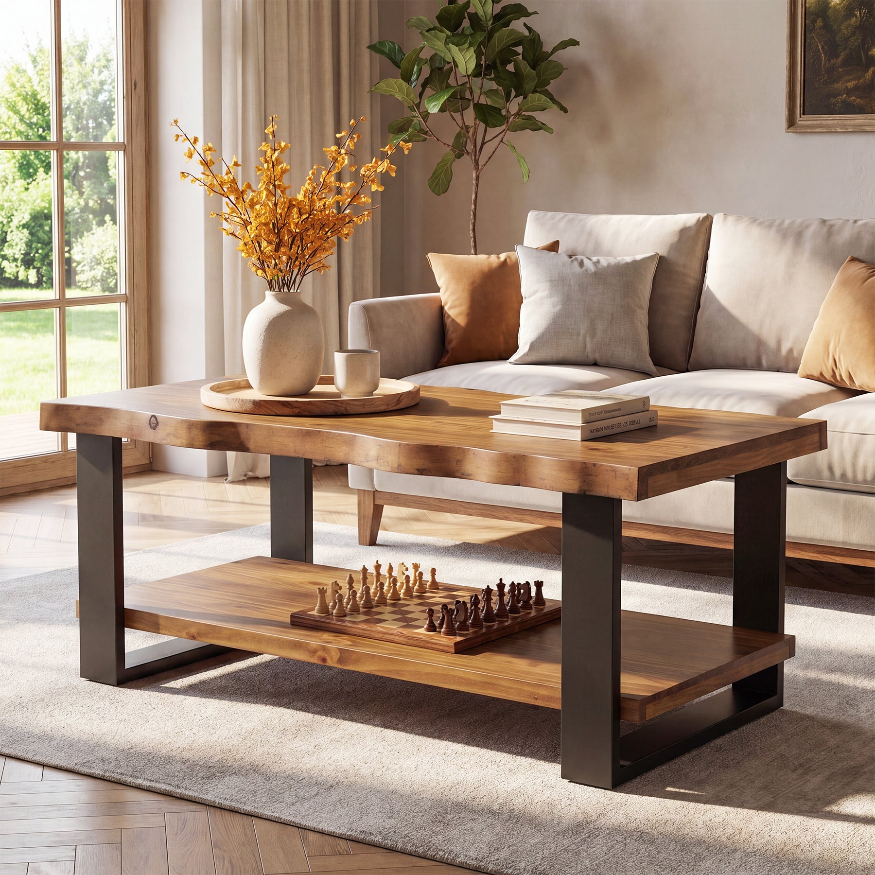 47" Solid Wood Coffee Table, 2-Tier Vintage Center Table for Living Room