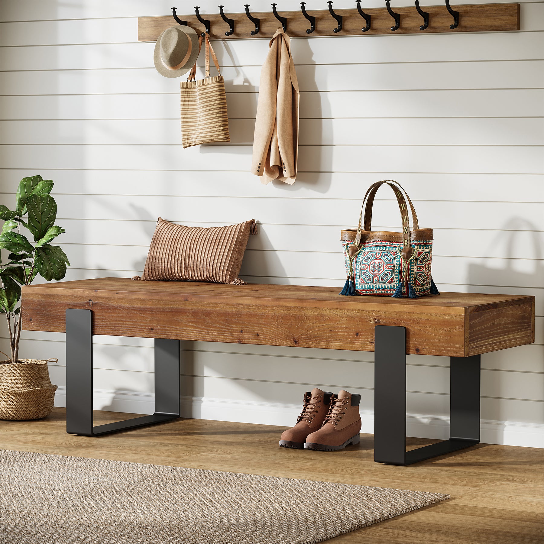 63" Industrial Entryway Bench, Farmhouse Wood Shoe Bench End of Bed Stool with Metal Legs