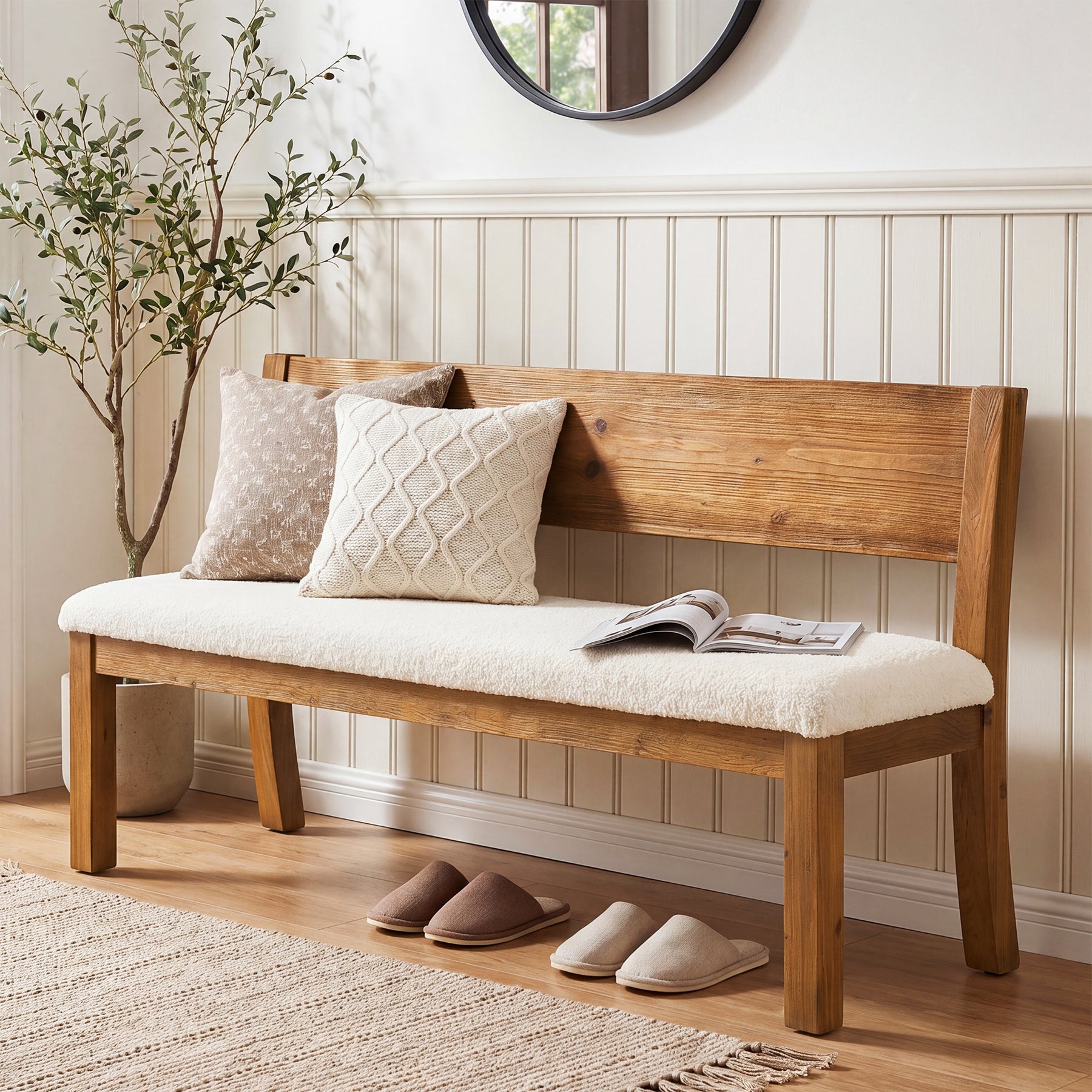 55" Entryway Bench, Upholstered Storage Bench with Backrest for Hallway