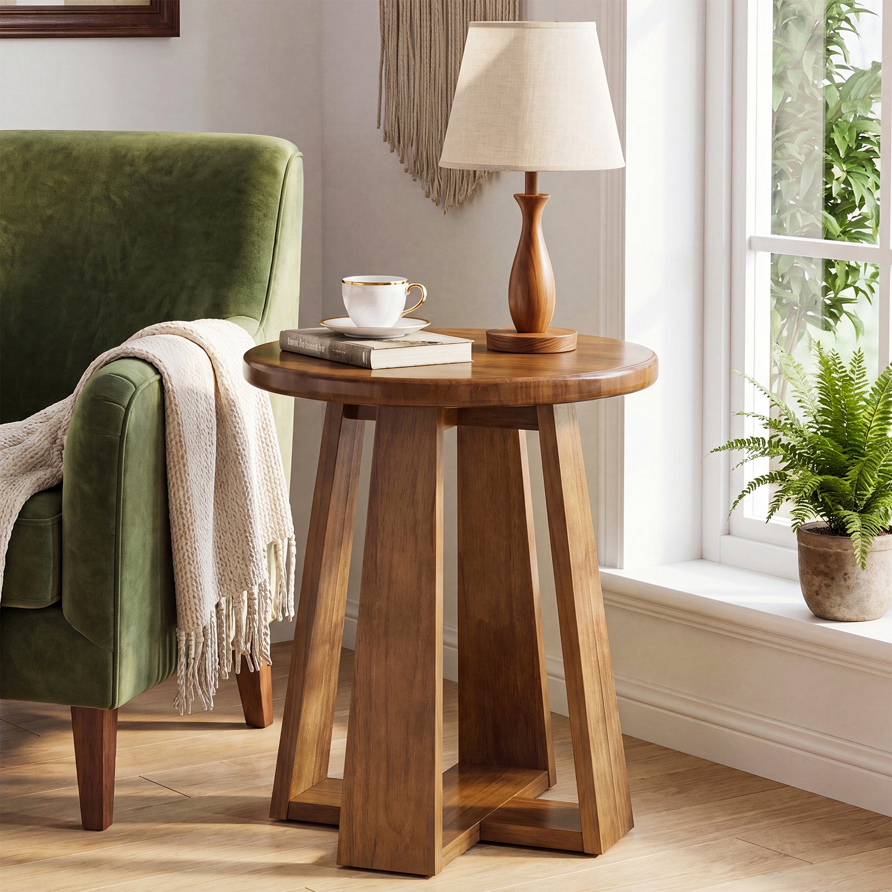 Modern Round End Table, Solid Wood Accent Side Table with Unique Geometric Legs