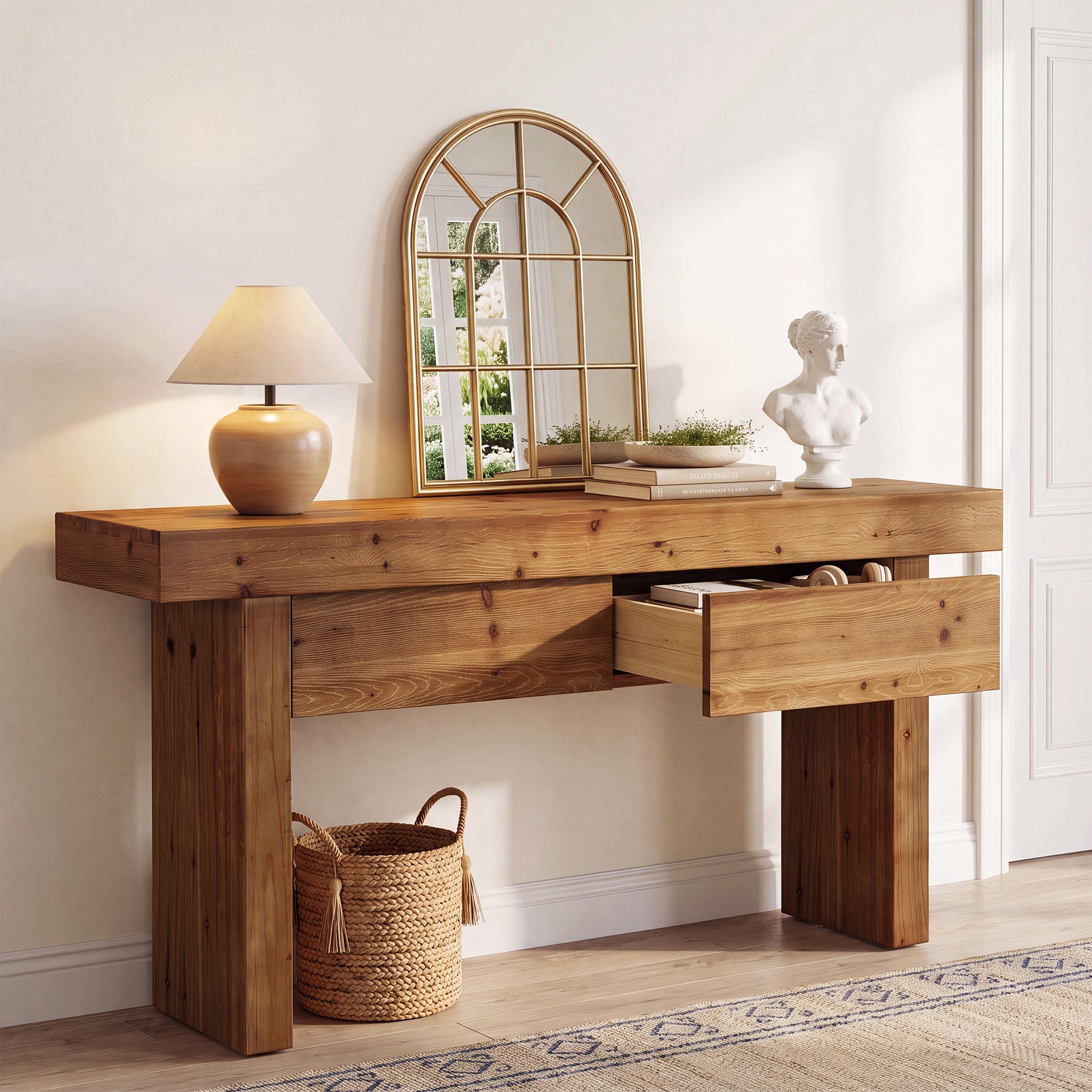 Solid Wood Console Table with 2 Drawers, 63" Farmhouse Entryway Sofa Table Behind Couch