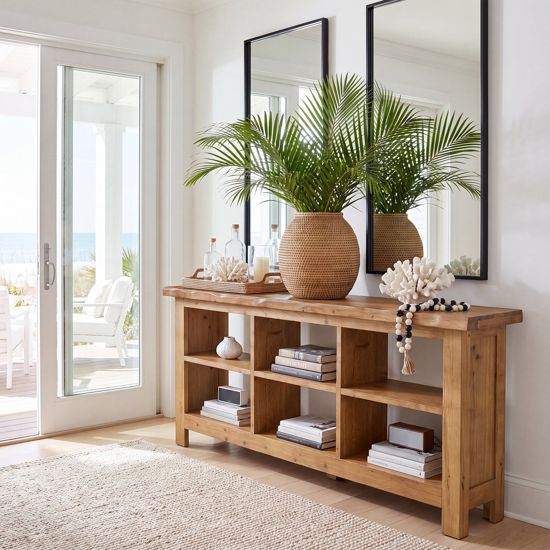 70.8" Long Console Table, 3-Tier Solid Wood Entryway Table with 6 Cubes Shelf