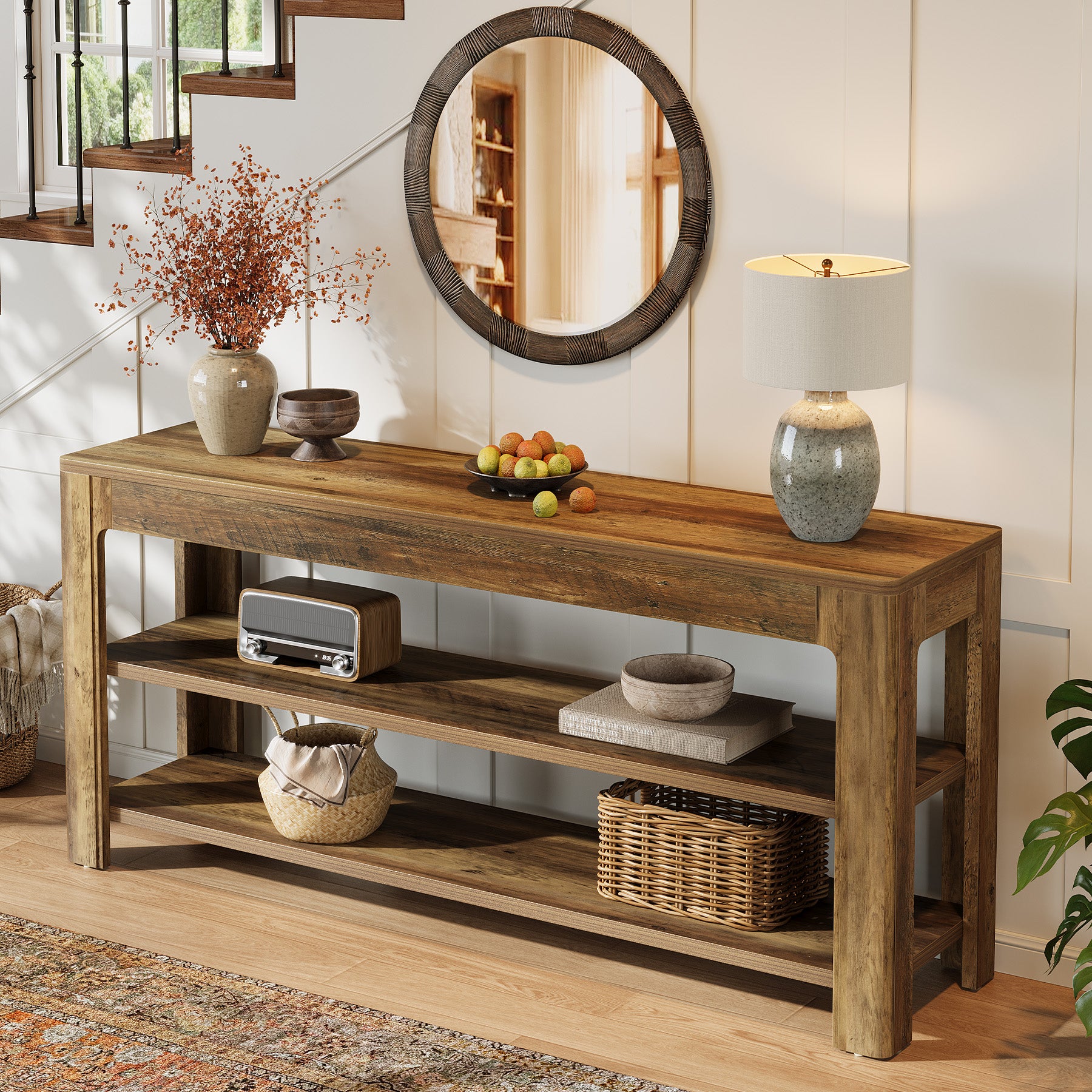 63" Farmhouse Console Table with 3-Tier Shelves, Narrow Wooden Sofa Table with Storage for Entryway, Hallway, or Living Room