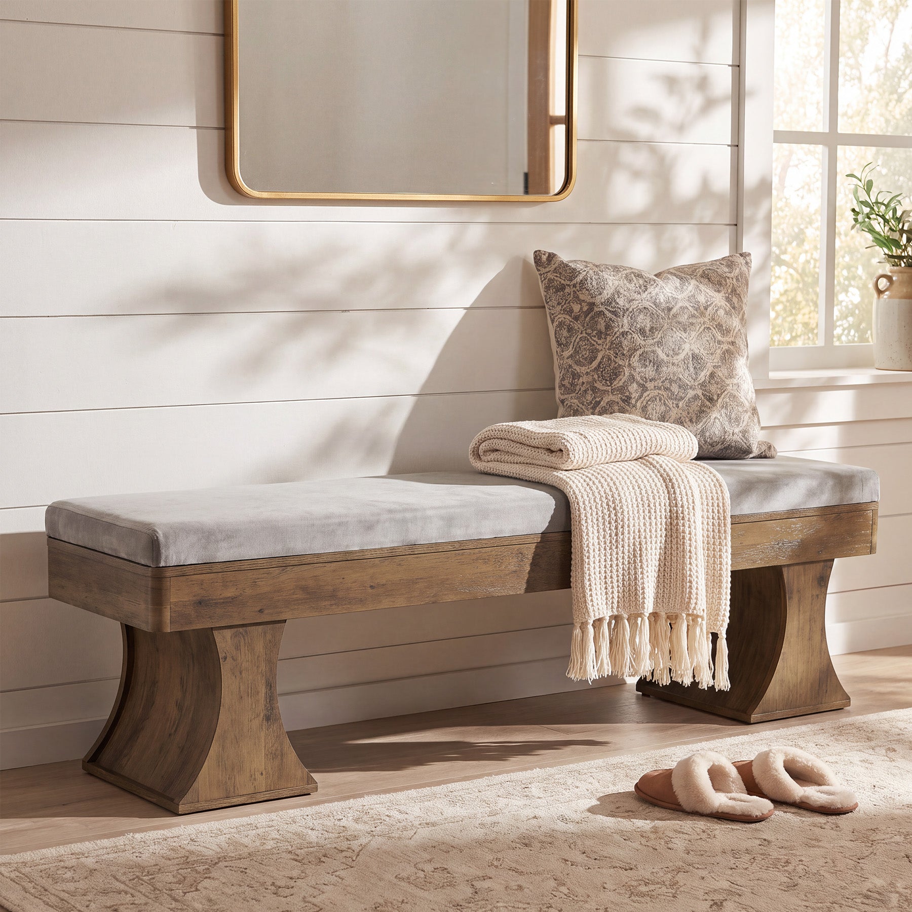 63.39" Entryway Bench with Cushion, Farmhouse Dining Bench for Hallway, Kitchen