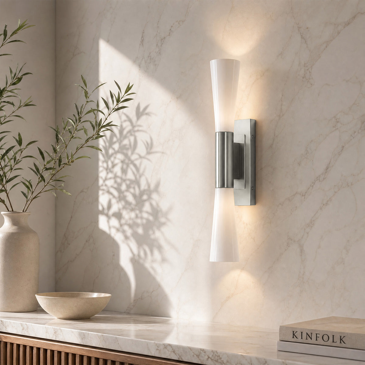 21.7" Silver Wall Sconce, 2-Light Modern Wall Light with Frosted Glass Shade