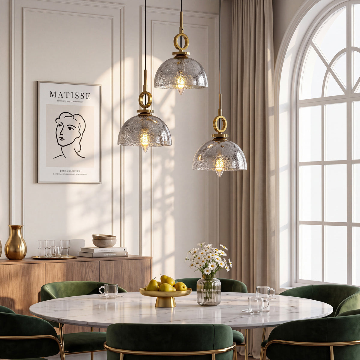 3-Light Modern Gold Dome Pendant Light, Crackle Glass Shade