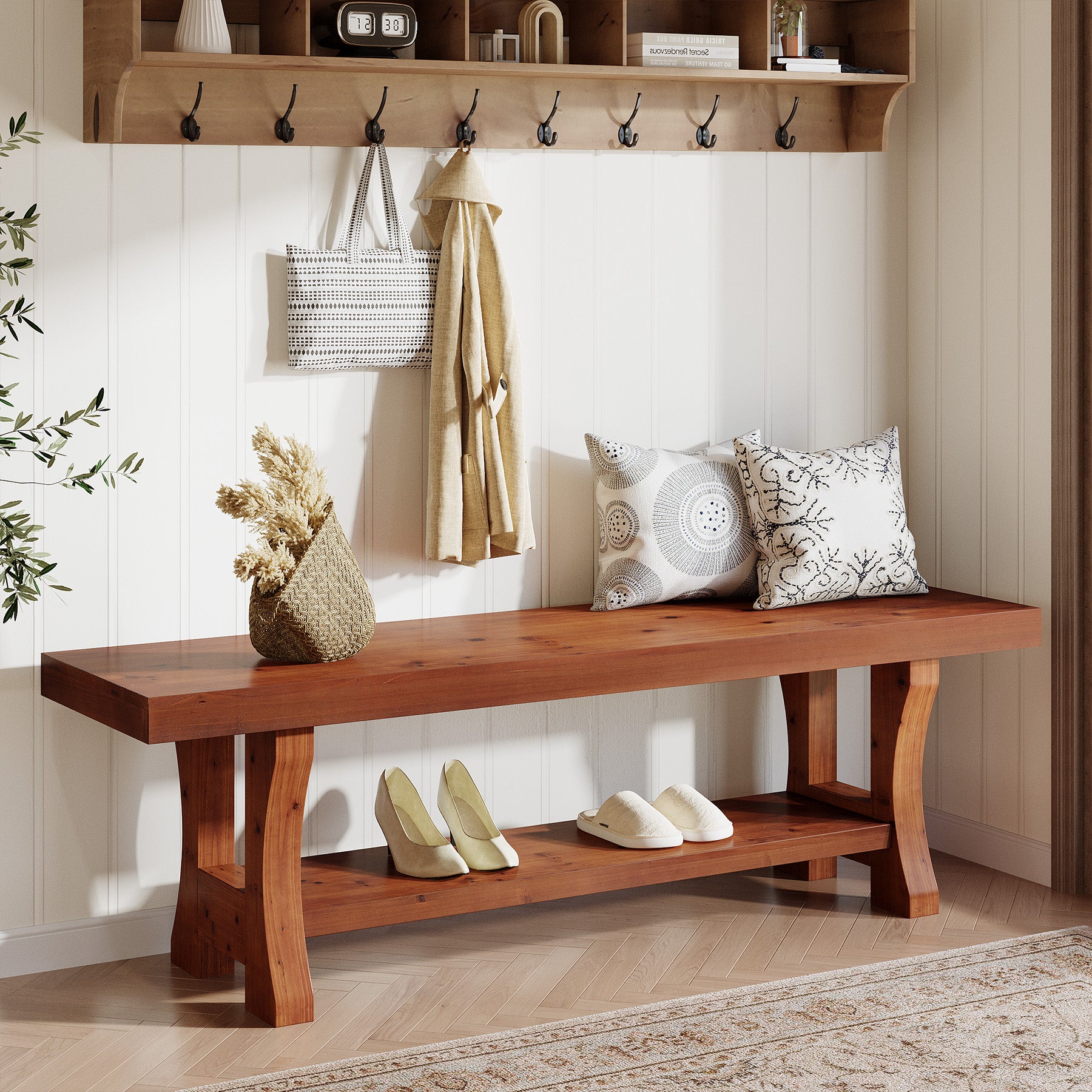 55" Entryway Bench, Solid Wood End of Bed Bench Dining Seat