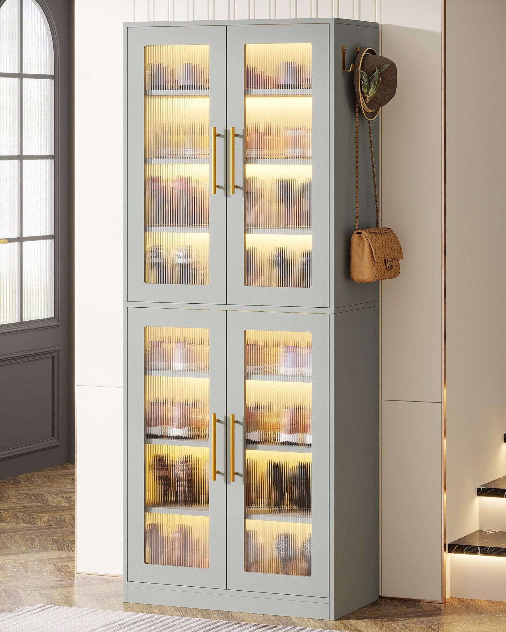 66.9" Tall Shoe Storage Cabinet, 8-Tier Entryway Shoe Organizer Rack with Acrylic Doors and LED Lights