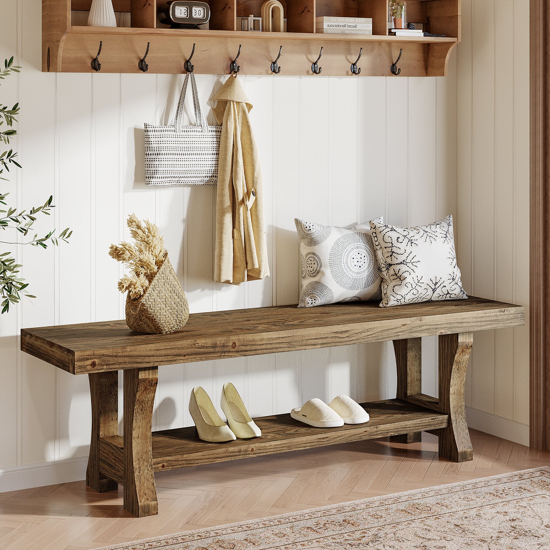 55" Entryway Bench, Solid Wood End of Bed Bench Dining Seat