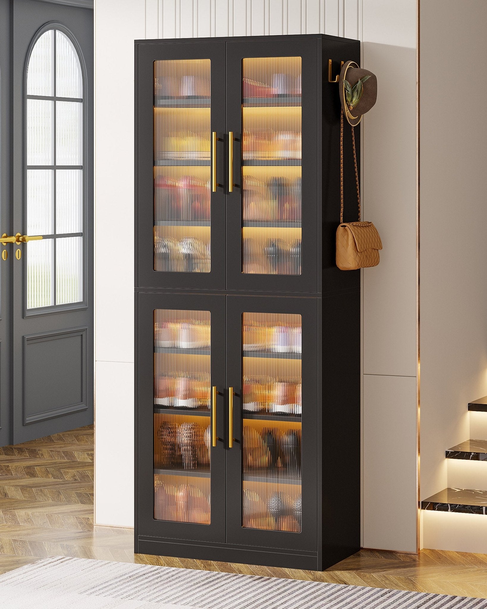 66.9" Tall Shoe Storage Cabinet, 8-Tier Entryway Shoe Organizer Rack with Acrylic Doors and LED Lights