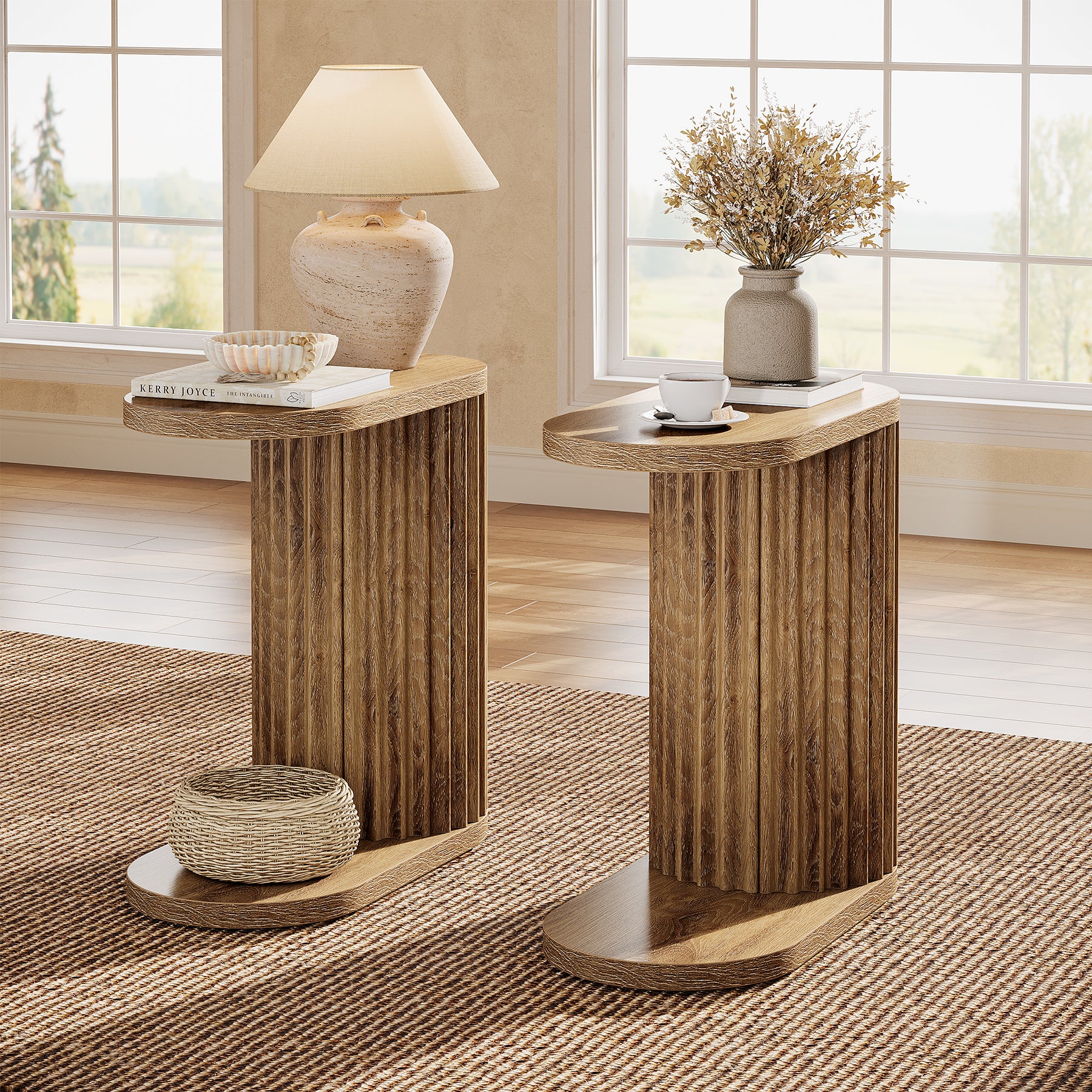 23.62" Fluted C-Shaped End Table with Oval Top, Narrow Side Table for Couch