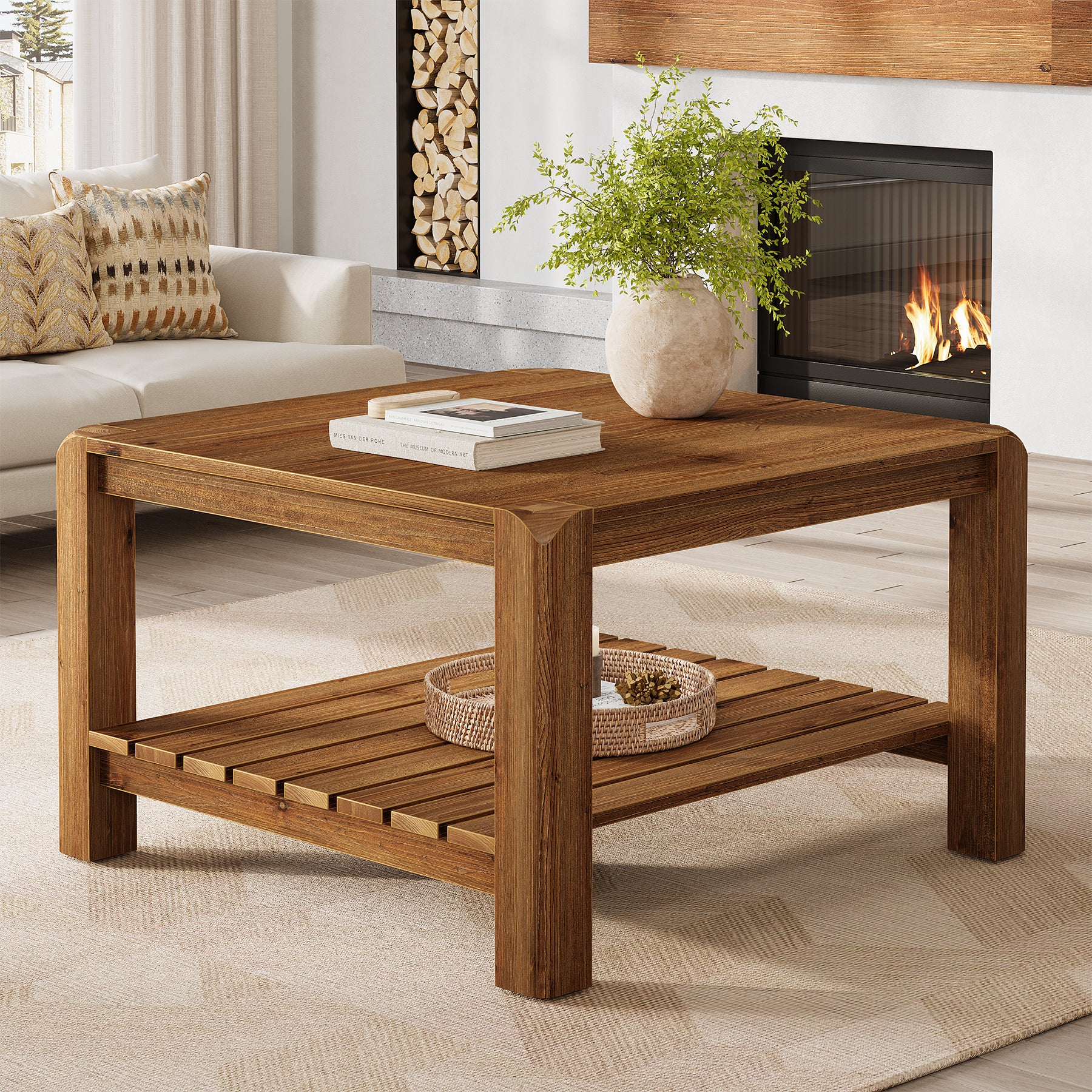31.5" Modern Coffee Table, 2-Tier Solid Wood Square Center Table
