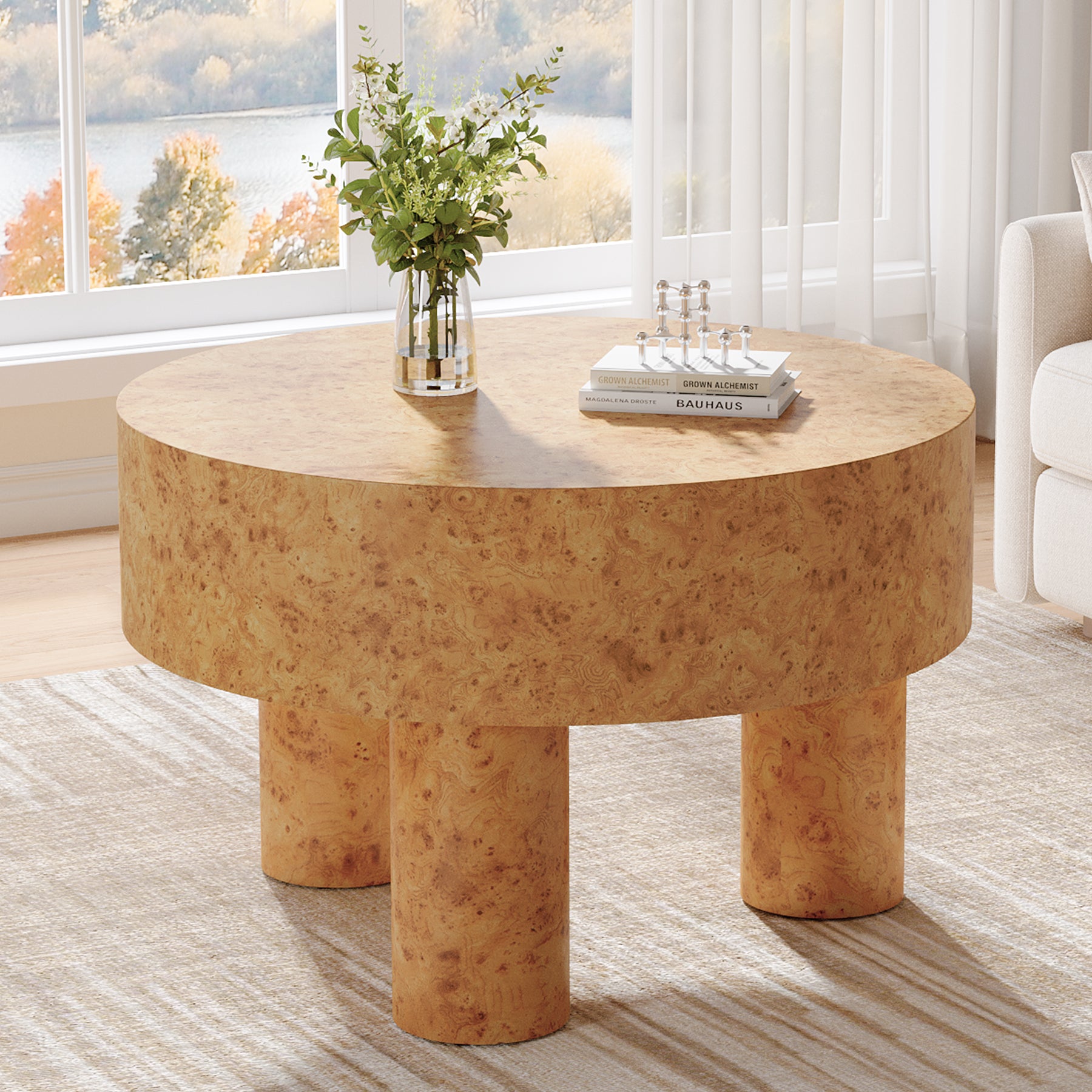 31.5" Round Coffee Table, Modern Circle Center Tea Table with Burl Texture