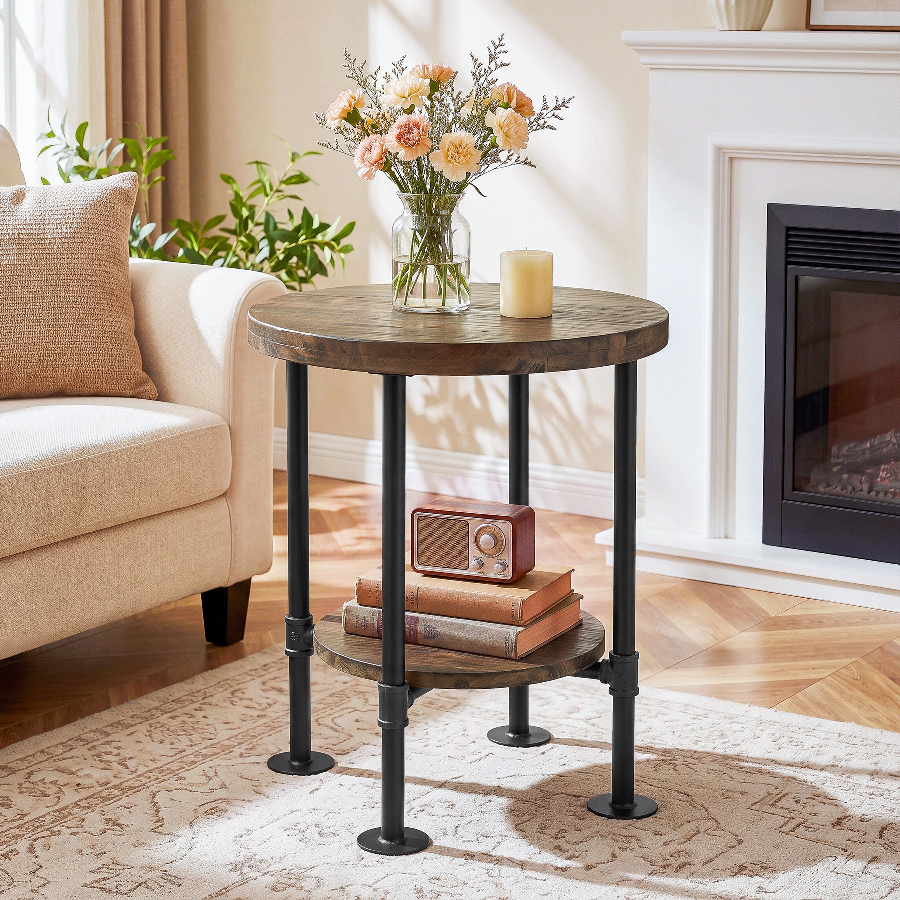 Round End Table, 2-Tier Side Table with Solid Wood Top & Metal Pipe Legs for Living Room