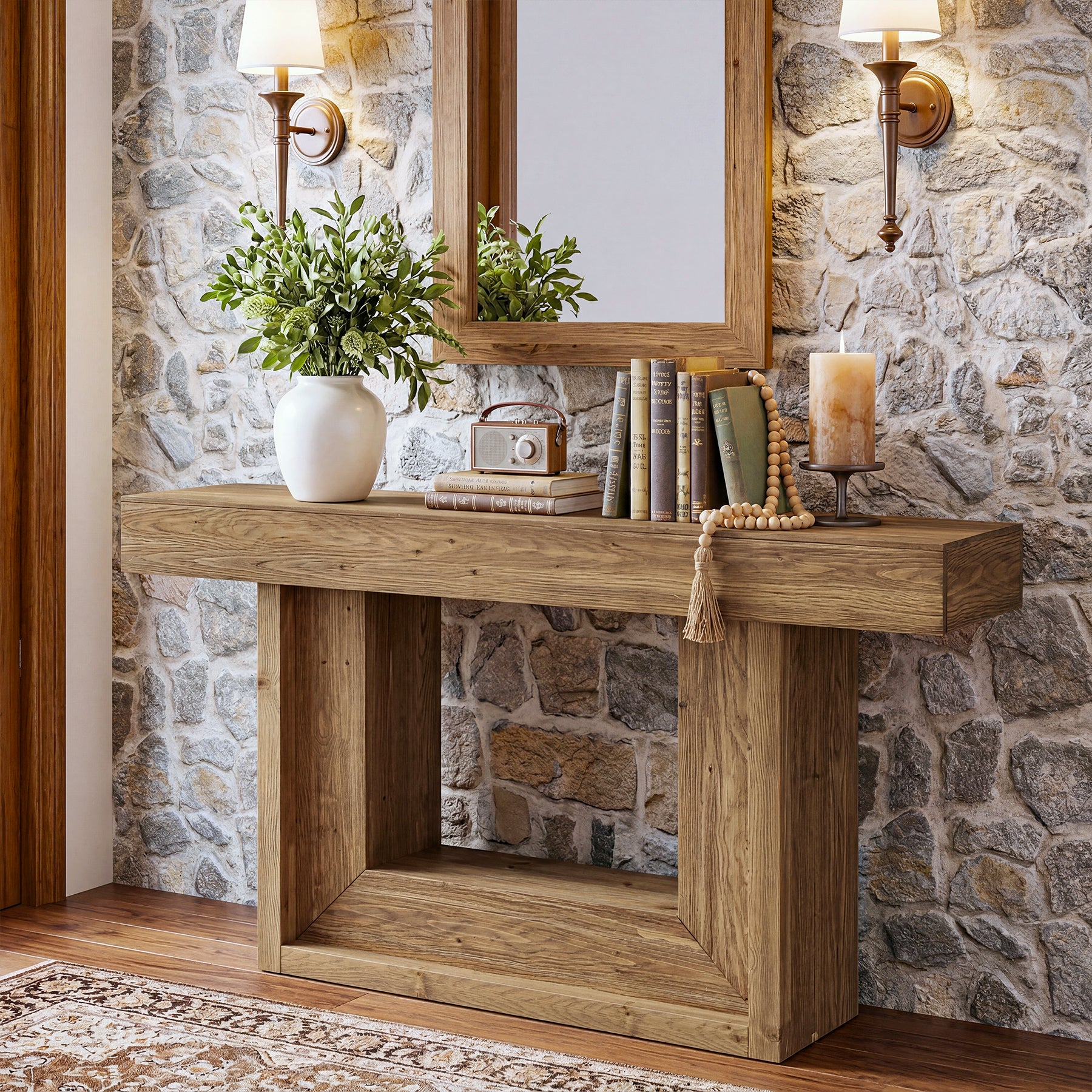 63" Solid Wood Console Table with U-Shaped Base, Farmhouse Narrow Entryway Table with Open Storage Shelf