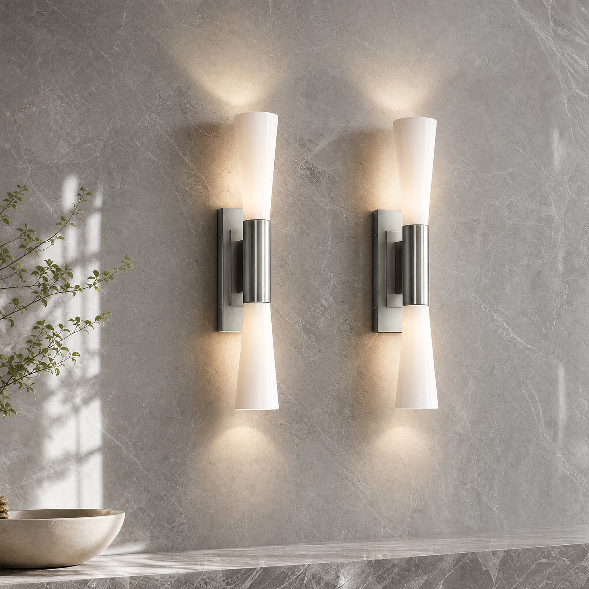21.7" Silver Wall Sconce, 2-Light Modern Wall Light with Frosted Glass Shade
