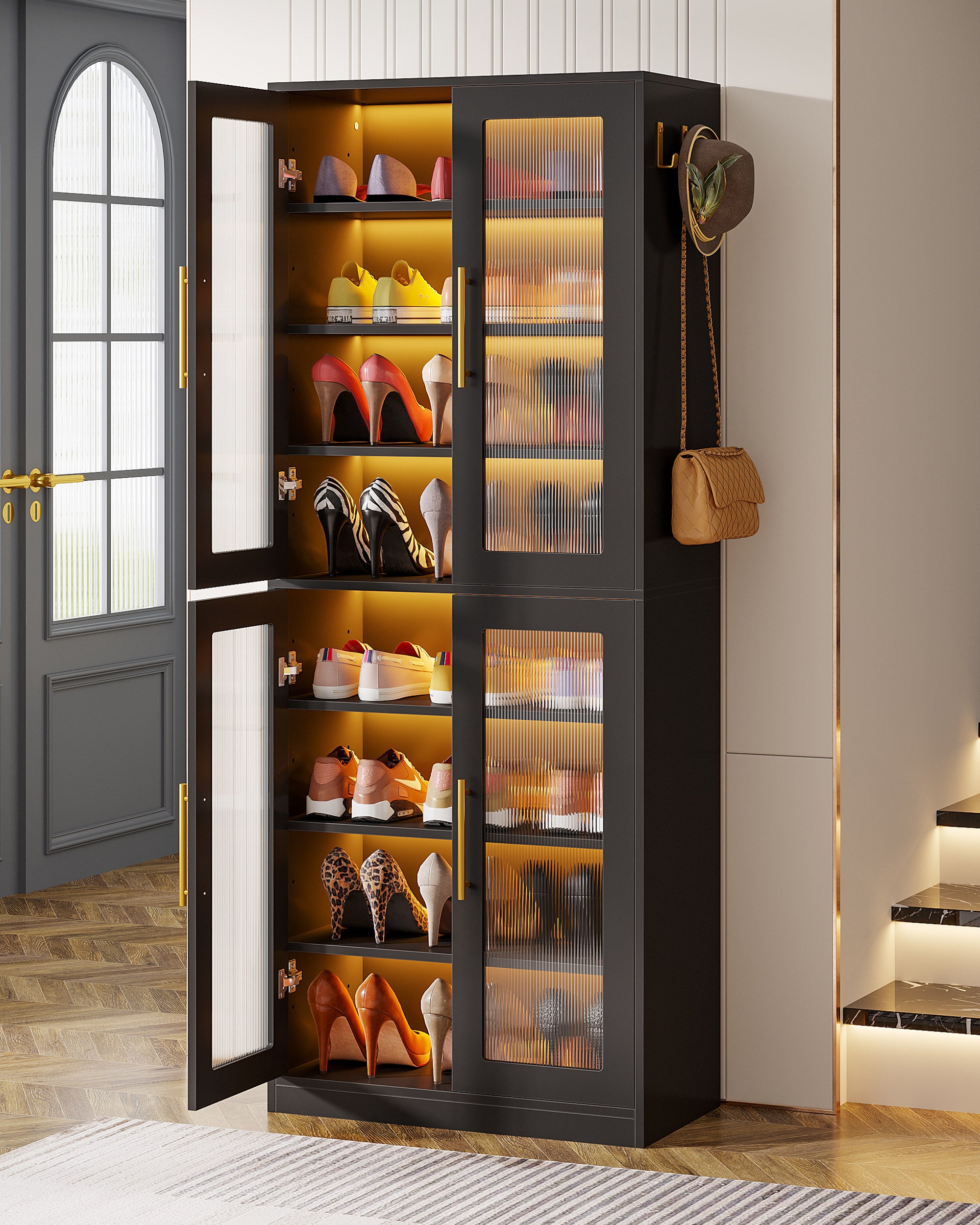 66.9" Tall Shoe Storage Cabinet, 8-Tier Entryway Shoe Organizer Rack with Acrylic Doors and LED Lights