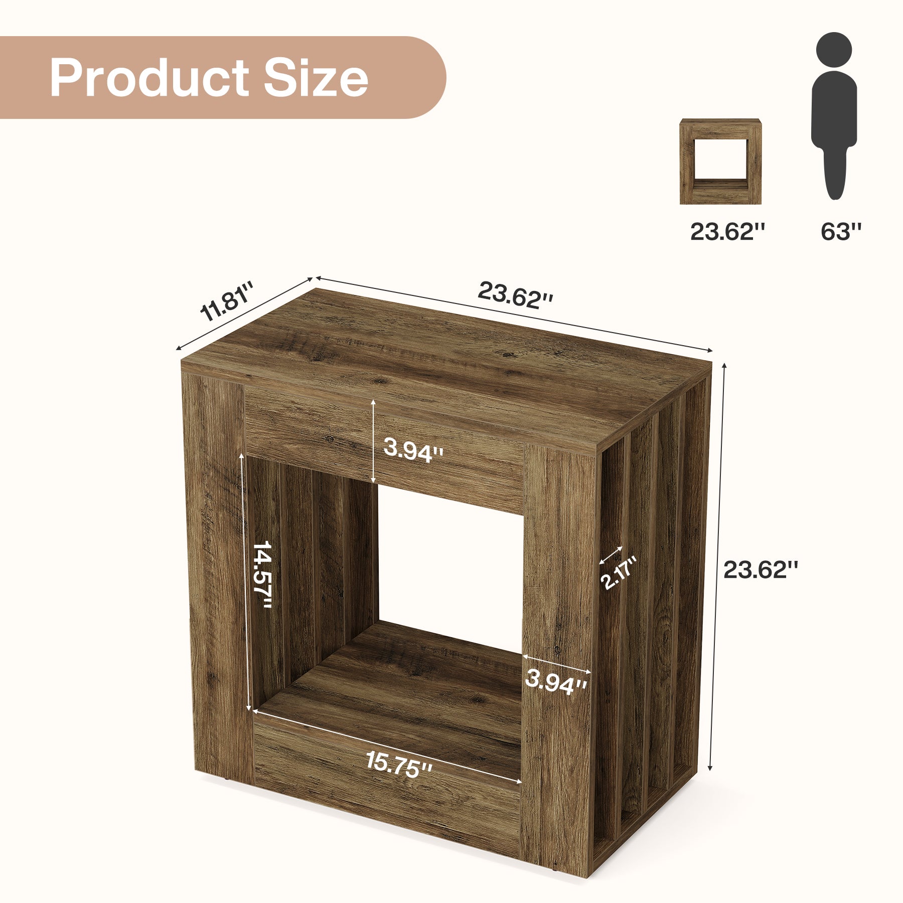 23.62" Farmhouse Narrow End Table, Rustic Square Nightstand with Storage Shelf