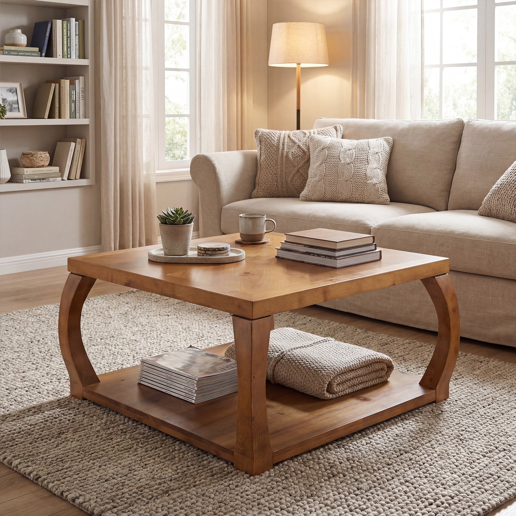 Square Solid Wood Coffee Table, 31.5" Center Table With Storage