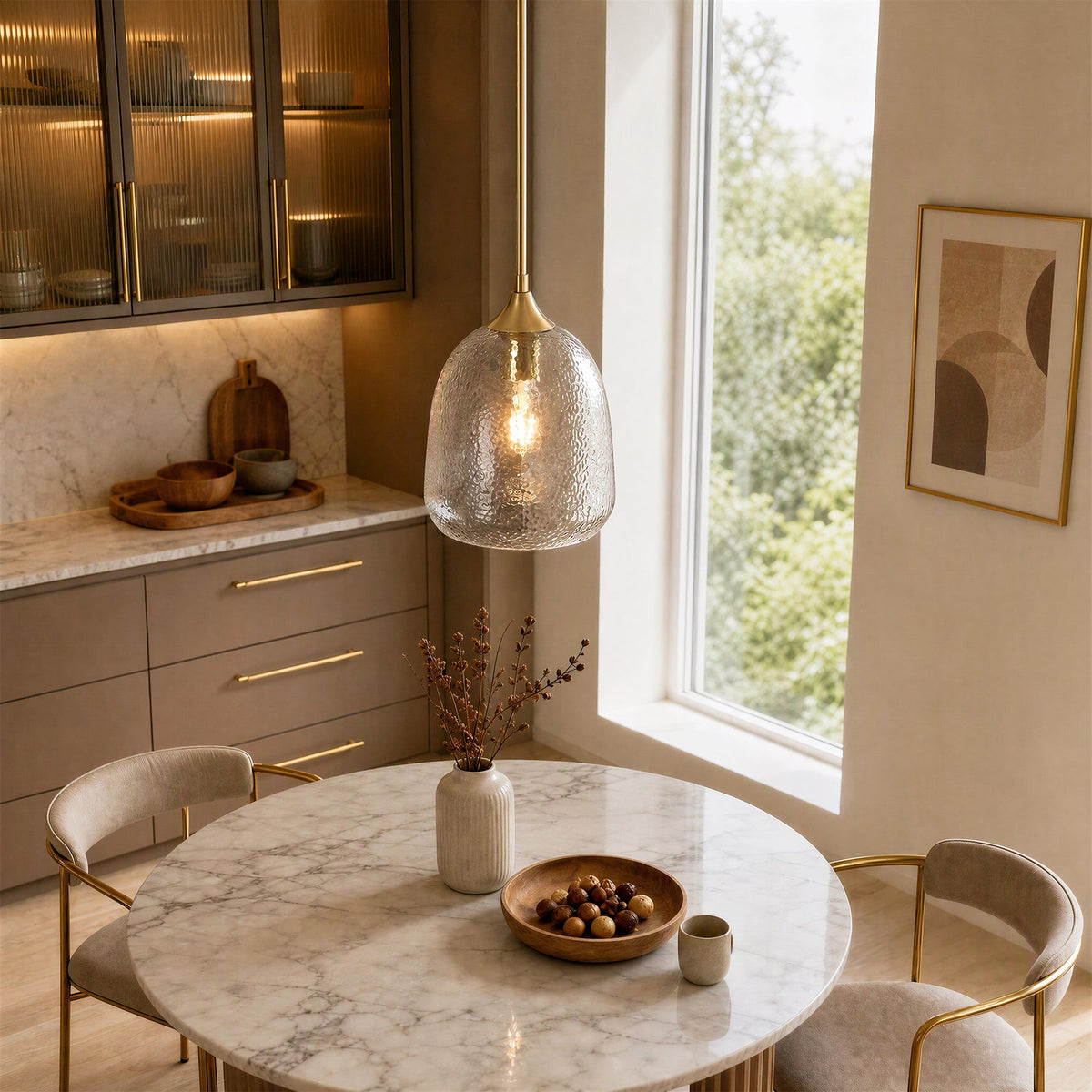 Tribesigns Modern Hammered Glass Pendant Light, Brass Island Light
