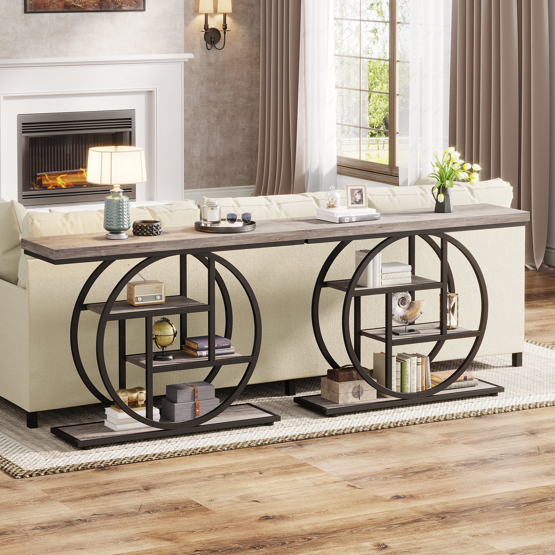 41.3" Console Table, Industrial 4-Tier Sofa Table Entryway Table with Circle Base