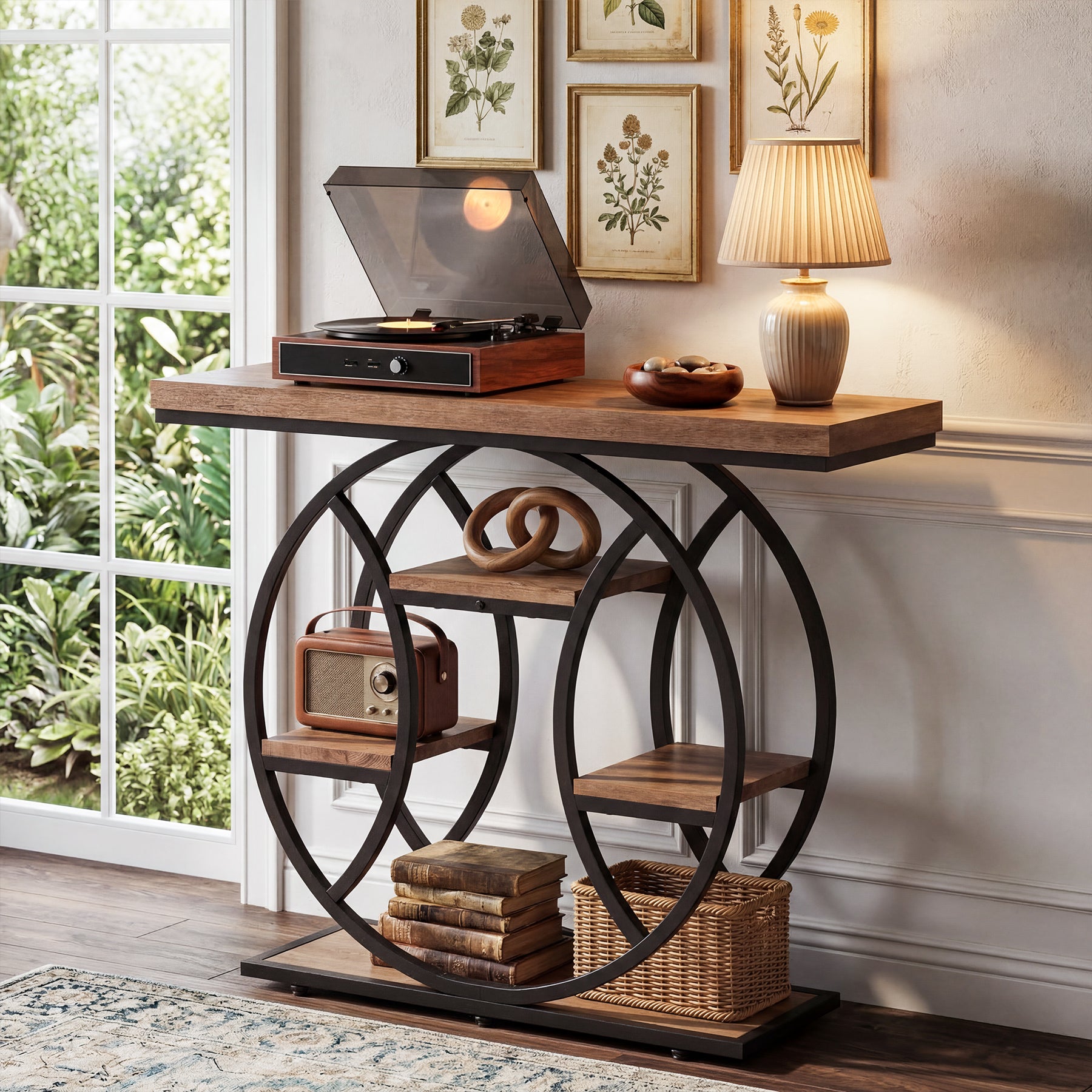 41.3" Industrial Console Table with 4-Tier Shelves – Circle Metal Frame Entryway Sofa Table